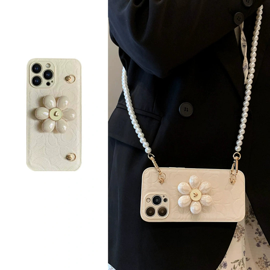 Ameigas Luxury Camellia iPhone 17 Pro Max Case – Designer Inspired Pearl Strap, Soft Silicone Full Cover