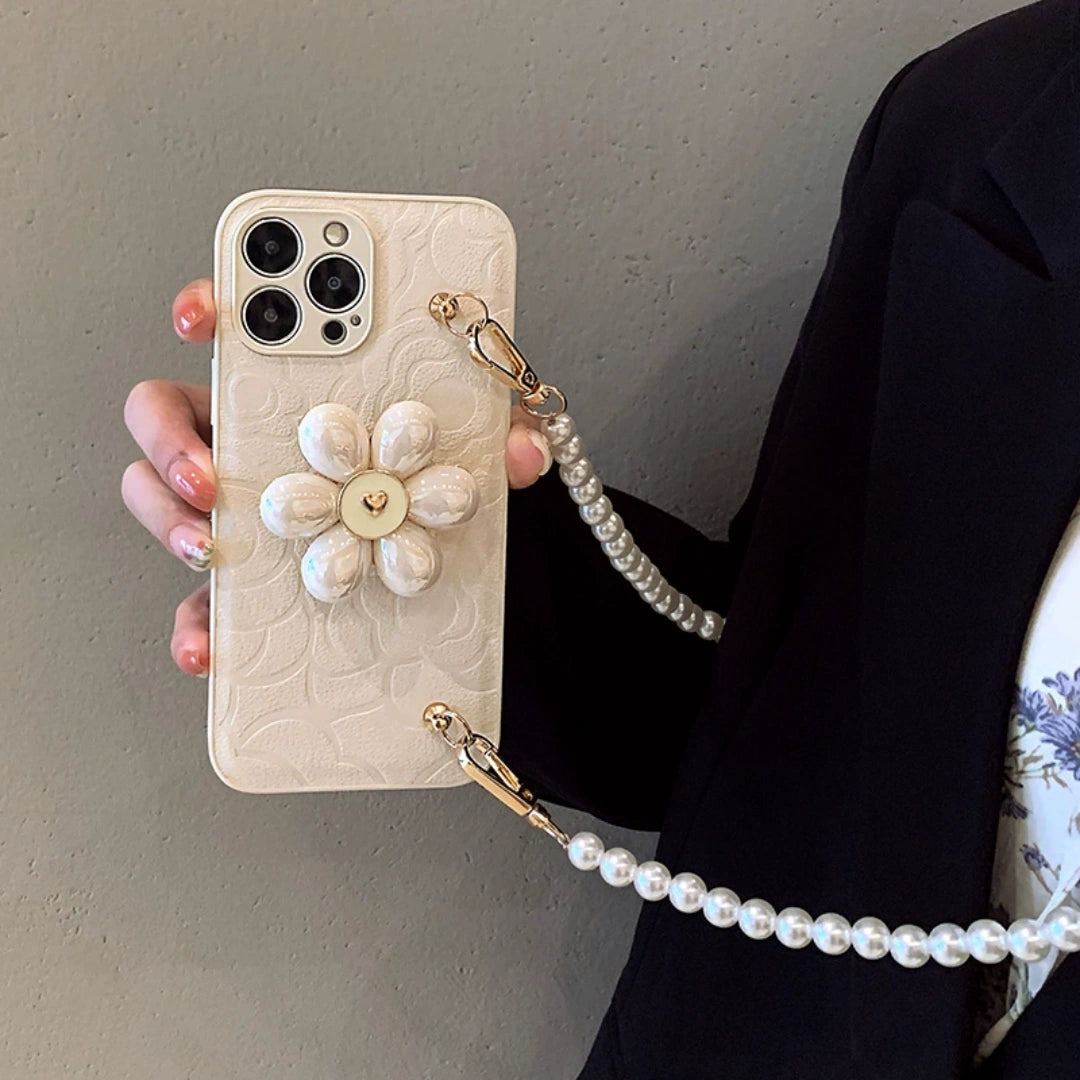 Ameigas Luxury Camellia iPhone 17 Pro Max Case – Designer Inspired Pearl Strap, Soft Silicone Full Cover