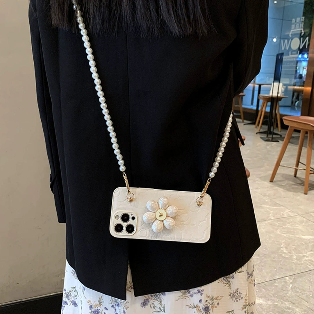 Ameigas Luxury Camellia iPhone 17 Pro Max Case – Designer Inspired Pearl Strap, Soft Silicone Full Cover