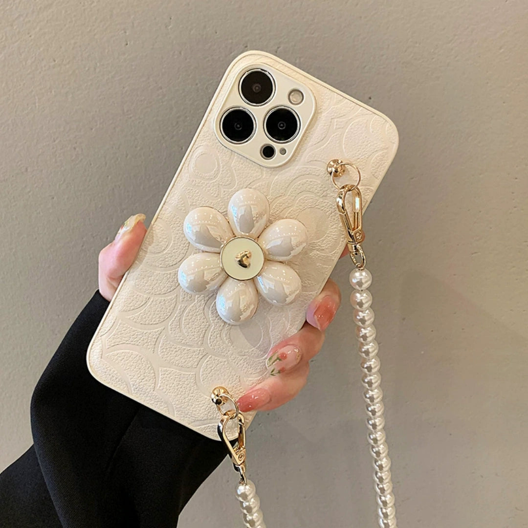 Ameigas Luxury Camellia iPhone 17 Pro Max Case – Designer Inspired Pearl Strap, Soft Silicone Full Cover
