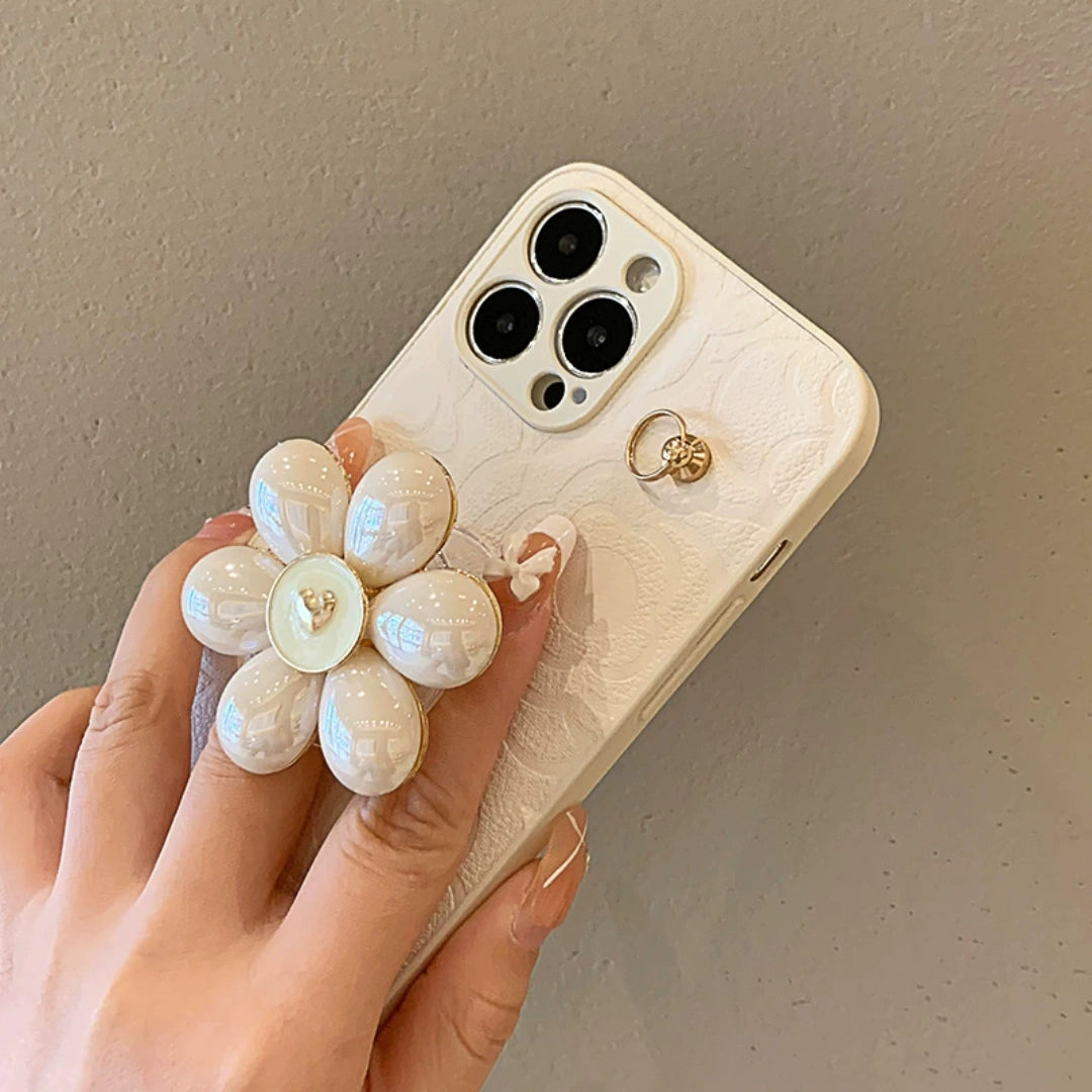 Ameigas Luxury Camellia iPhone 17 Pro Max Case – Designer Inspired Pearl Strap, Soft Silicone Full Cover