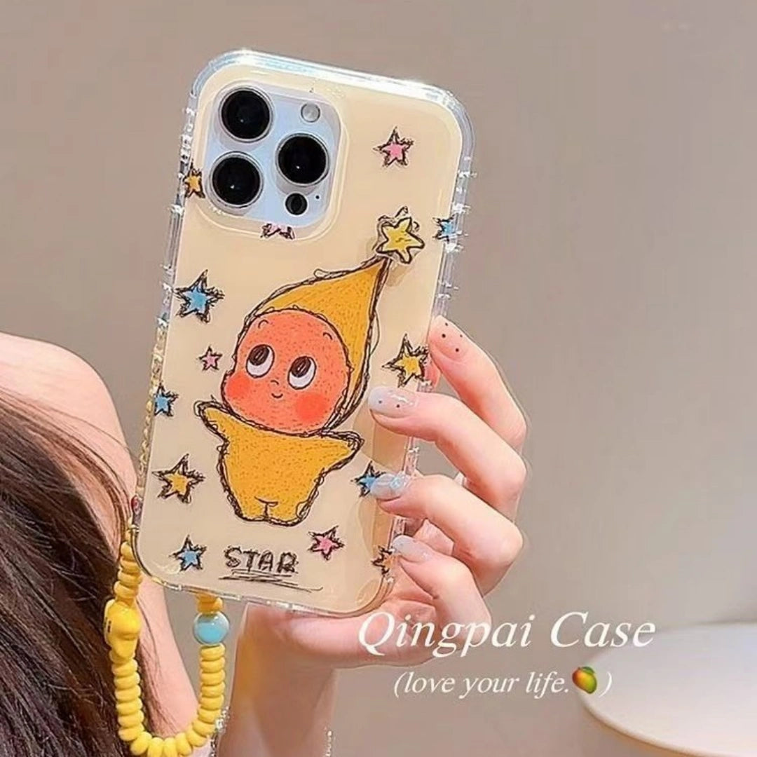 Ameigas Minimalist INS-Style Yellow Star Cartoon iPhone Case – Elegant Dual-Layer Design with Chain for Full Protection