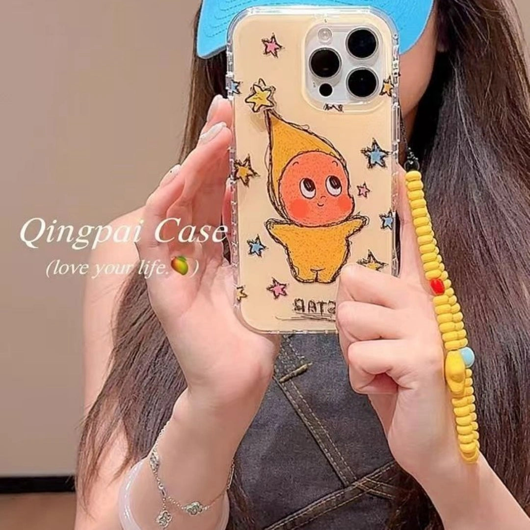Ameigas Minimalist INS-Style Yellow Star Cartoon iPhone Case – Elegant Dual-Layer Design with Chain for Full Protection