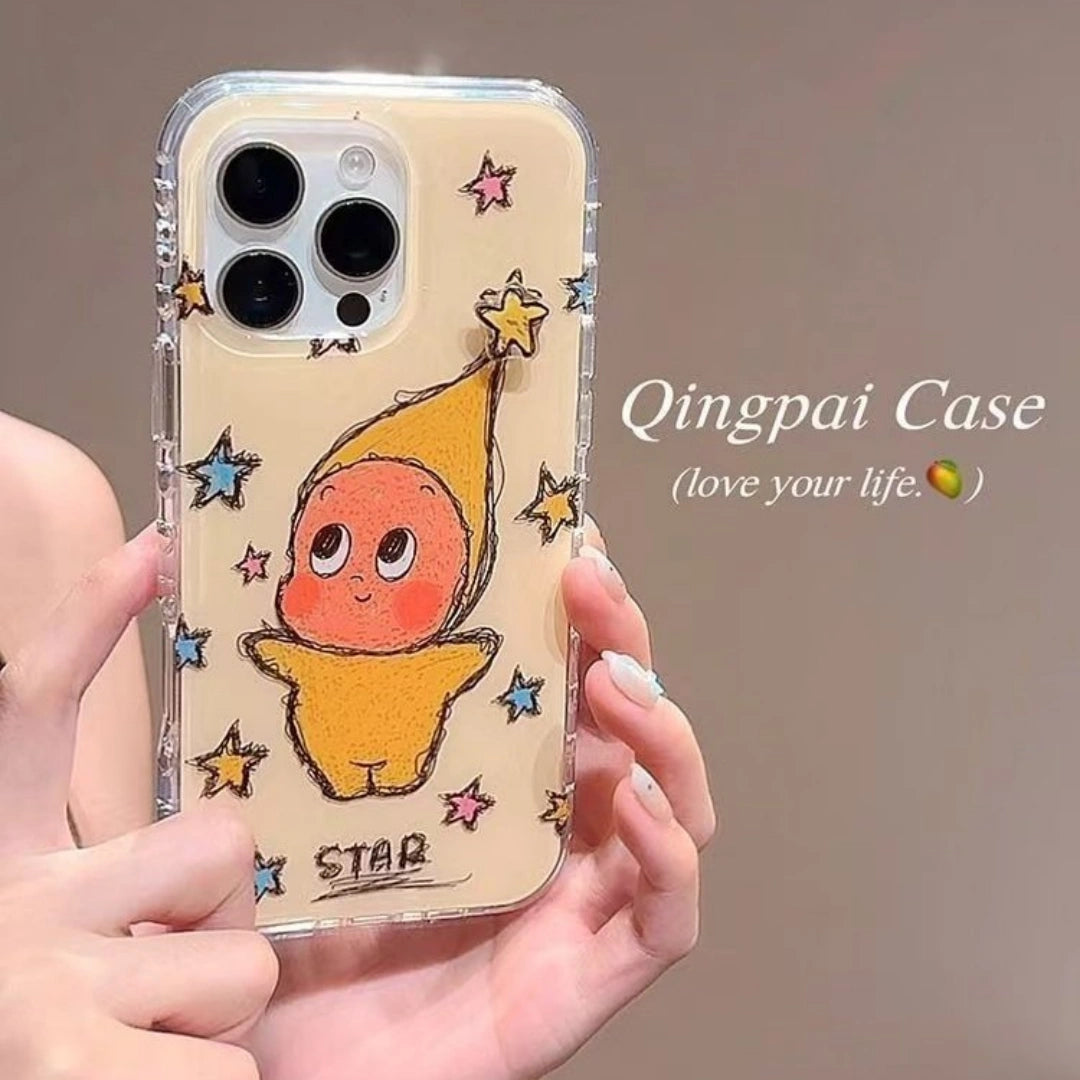 Ameigas Minimalist INS-Style Yellow Star Cartoon iPhone Case – Elegant Dual-Layer Design with Chain for Full Protection