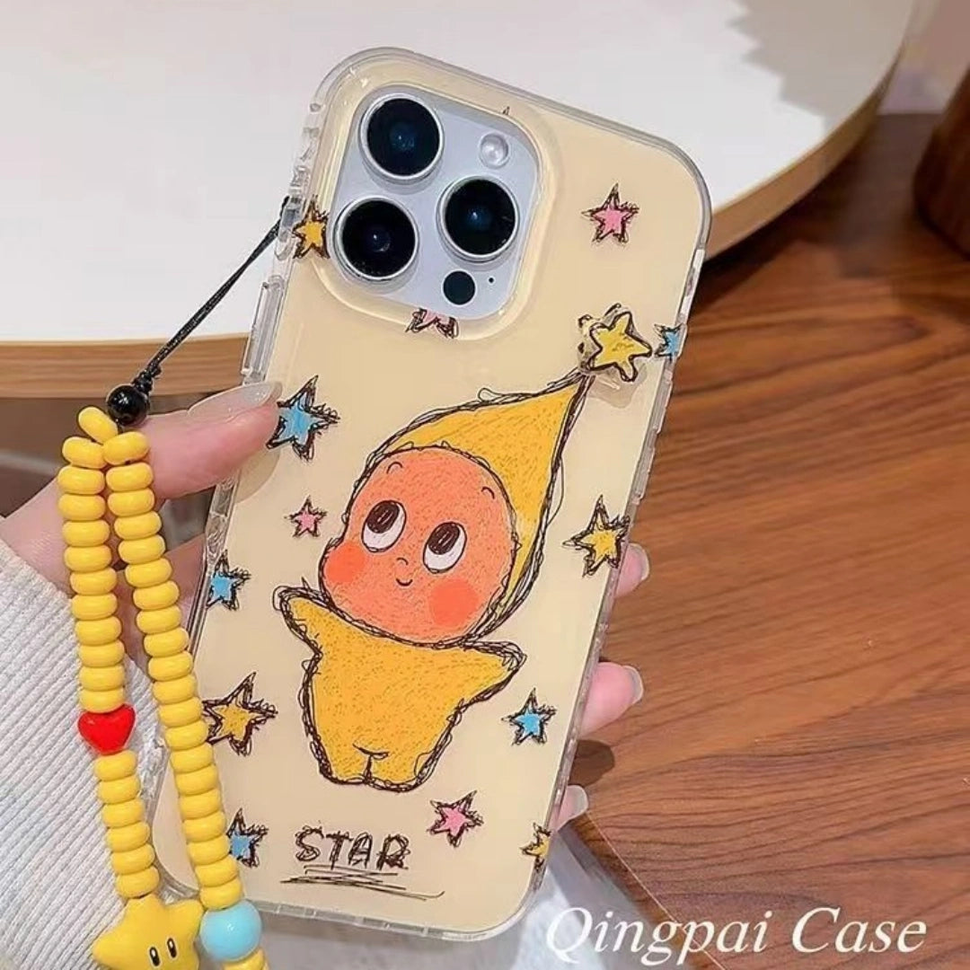 Ameigas Minimalist INS-Style Yellow Star Cartoon iPhone Case – Elegant Dual-Layer Design with Chain for Full Protection