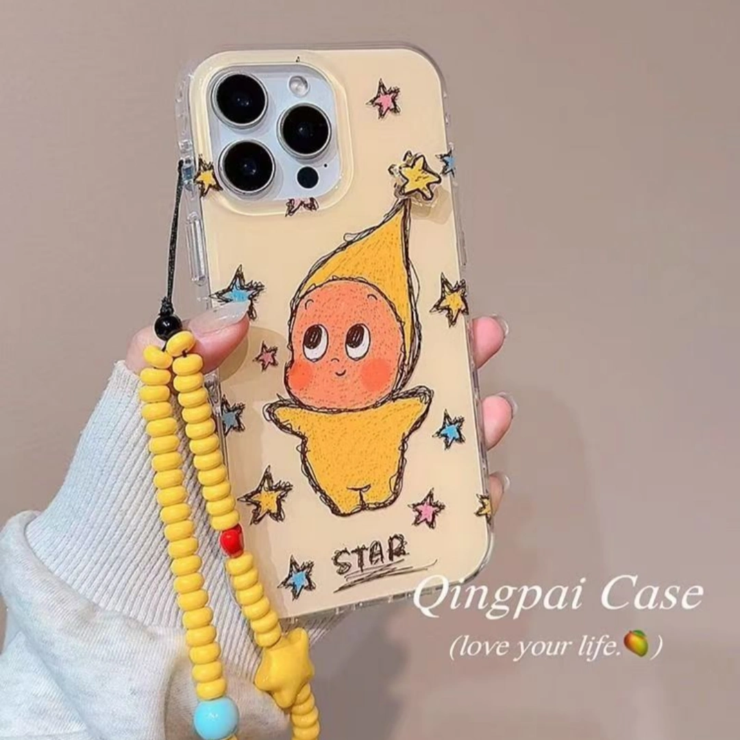 Ameigas Minimalist INS-Style Yellow Star Cartoon iPhone Case – Elegant Dual-Layer Design with Chain for Full Protection