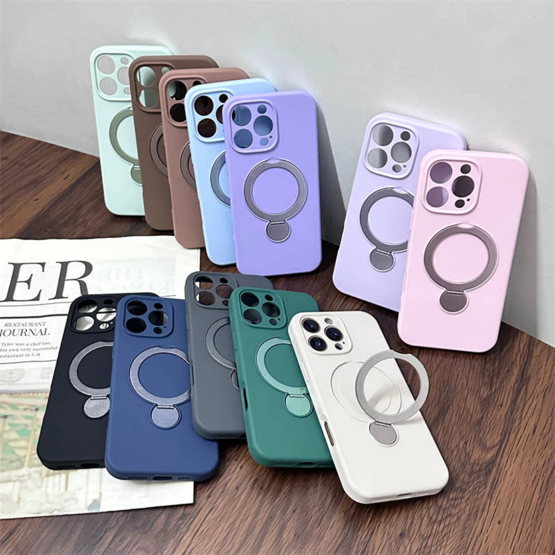 Ameigas Minimalist Magnetic Liquid Silicone iPhone Case – Elegant Slim Design with Rotating Stand and Durable Protection