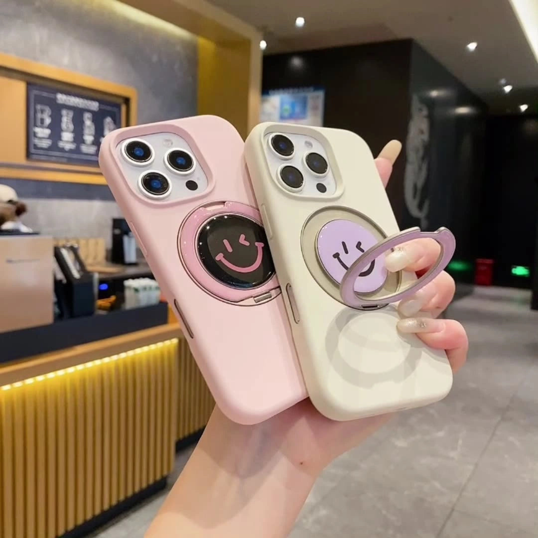 Ameigas Minimalist Smiley Liquid Silicone iPhone Case – Elegant Solid Color with Foldable Stand and Shockproof Protection