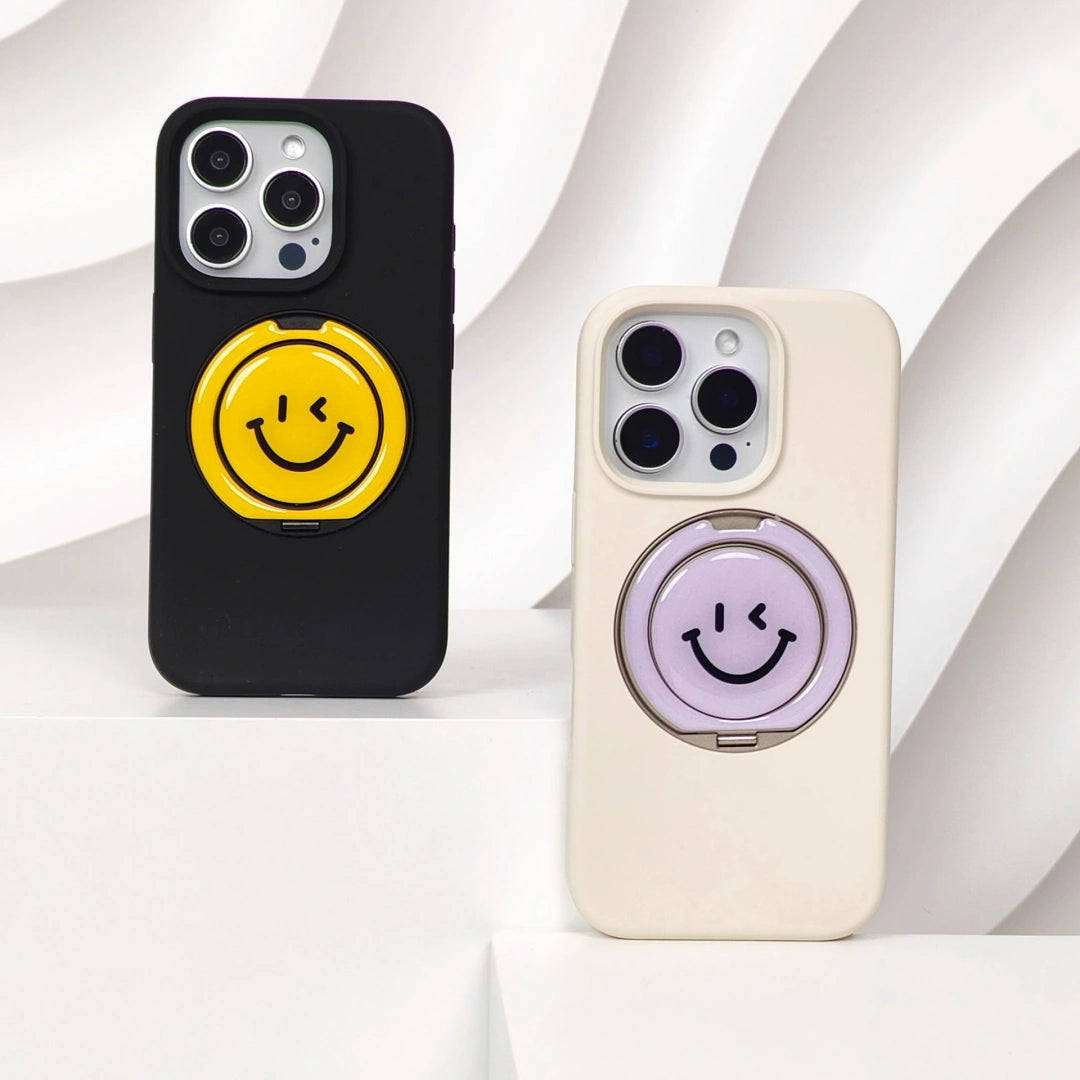 Ameigas Minimalist Smiley Liquid Silicone iPhone Case – Elegant Solid Color with Foldable Stand and Shockproof Protection
