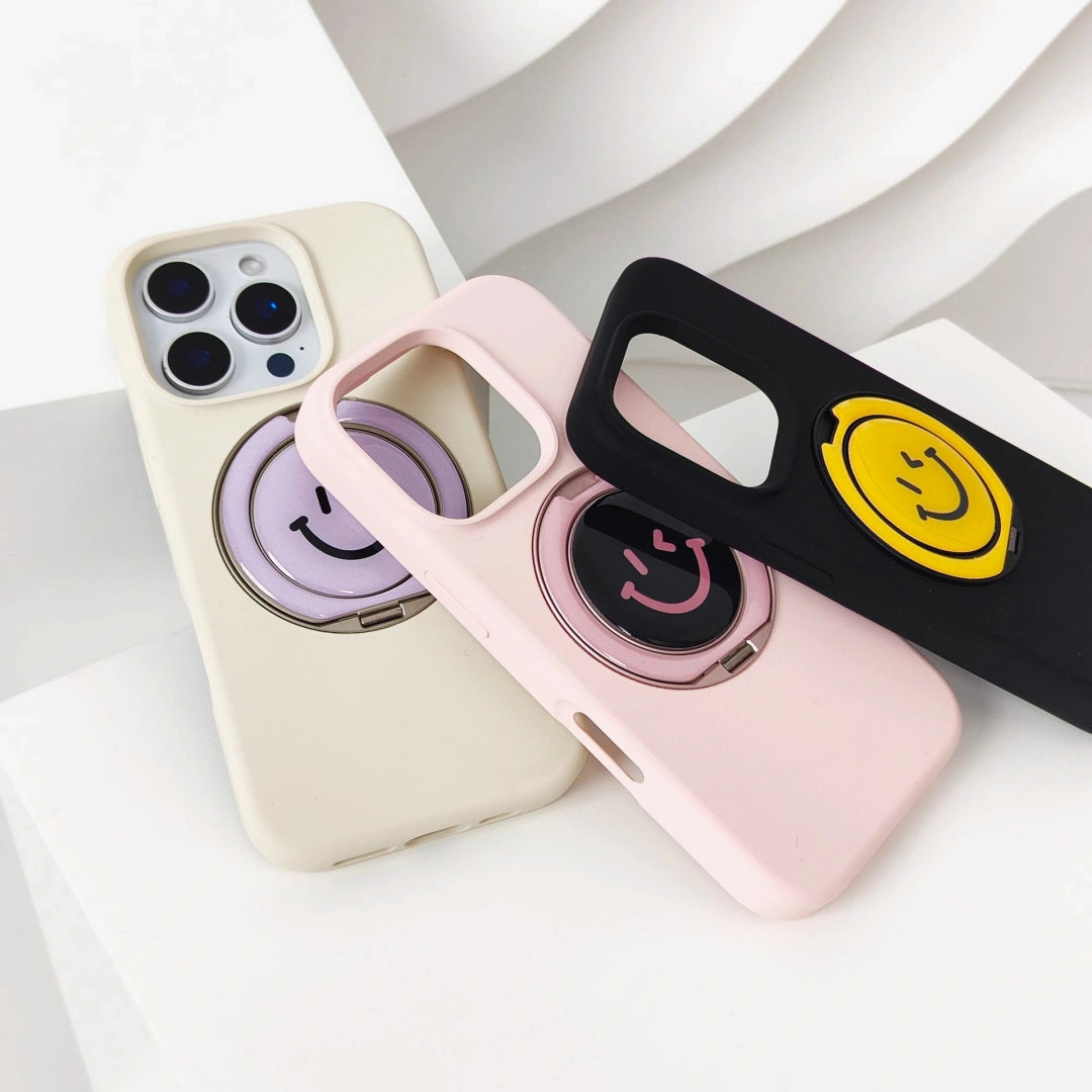 Ameigas Minimalist Smiley Liquid Silicone iPhone Case – Elegant Solid Color with Foldable Stand and Shockproof Protection