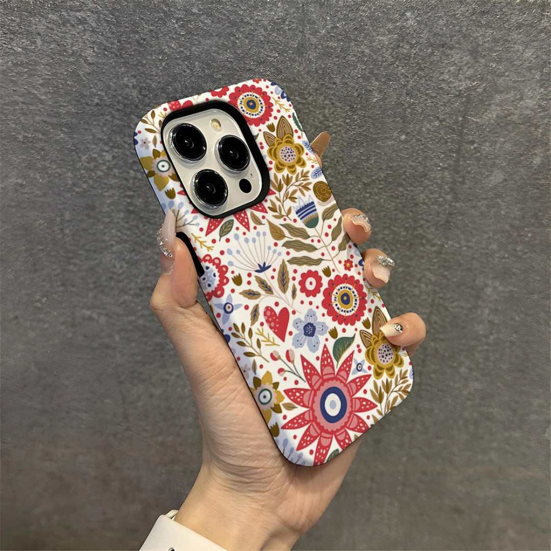 Ameigas Retro Illustration iPhone Case — Double-Layer Film Hard Shell, Shockproof & Anti-Fingerprint, Vintage Floral Design