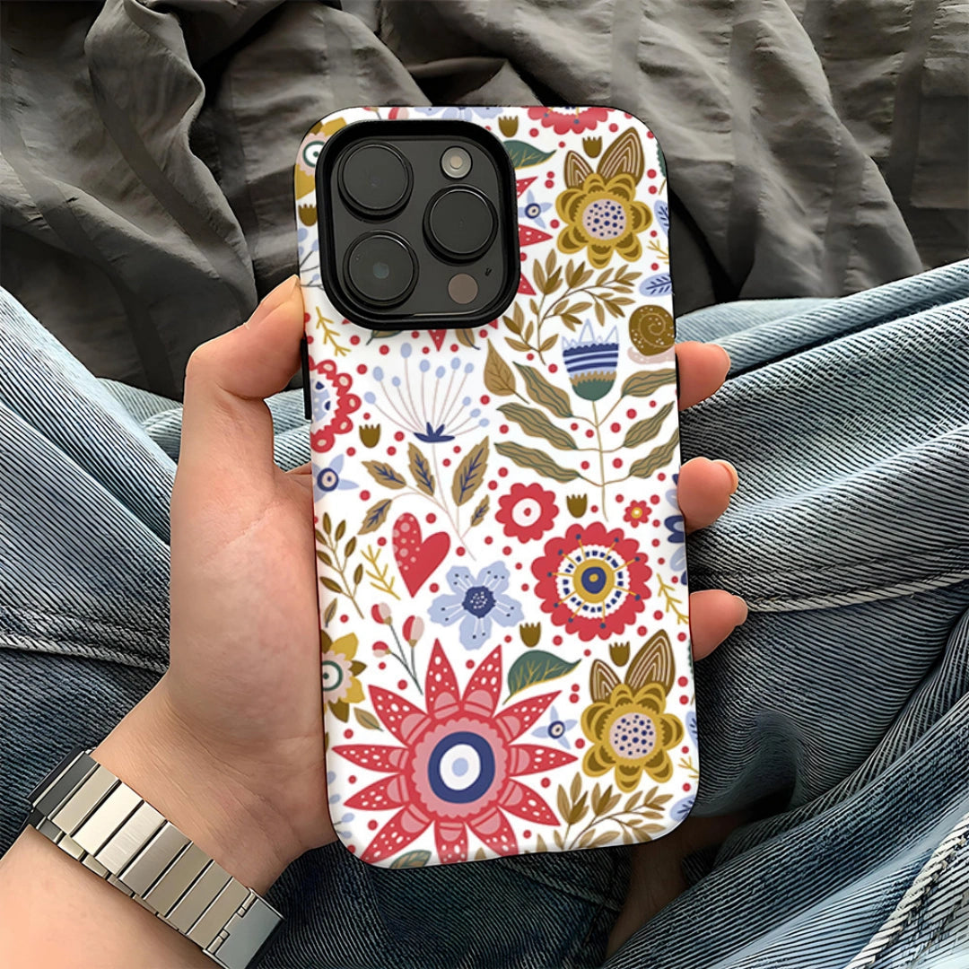 Ameigas Retro Illustration iPhone Case — Double-Layer Film Hard Shell, Shockproof & Anti-Fingerprint, Vintage Floral Design