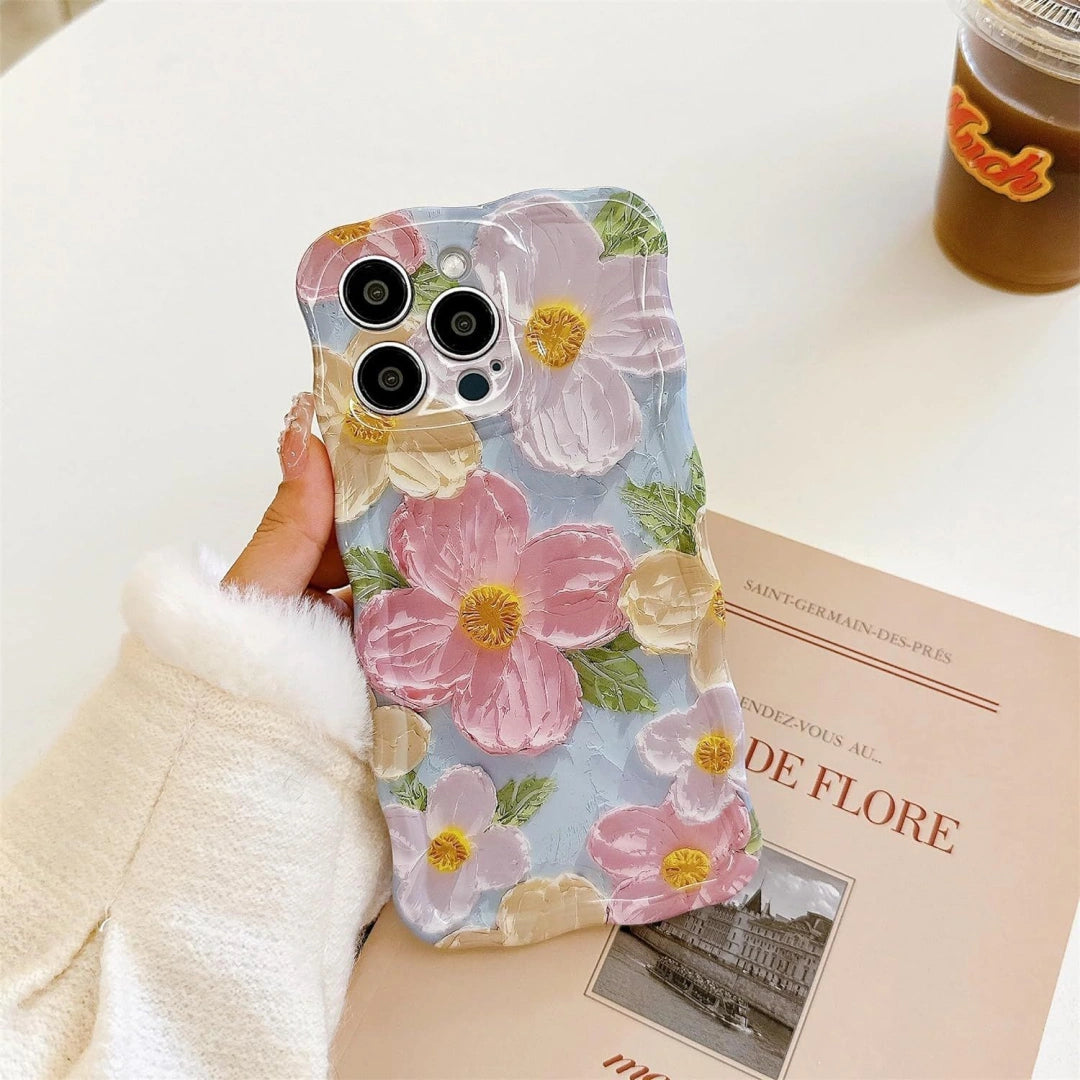 Ameigas Retro Oil Painting Laser Case — Wavy Glossy Flower Design