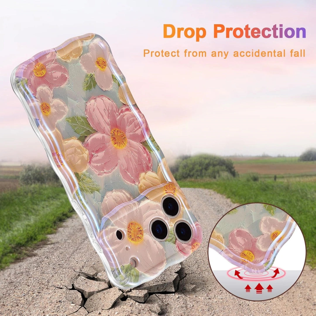 Ameigas Retro Oil Painting Laser Case — Wavy Glossy Flower Design