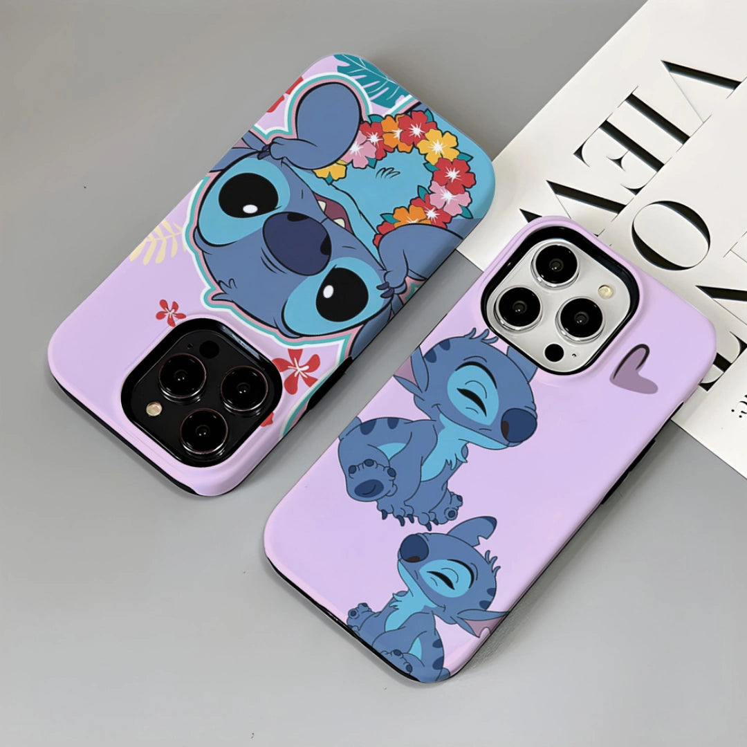 Ameigas Stitch iPhone Case for iPhone 17 / 16 — Korean Double-Layer Hard Film Case, Cute Cartoon Protective Cover, Shockproof & Anti-Scratch
