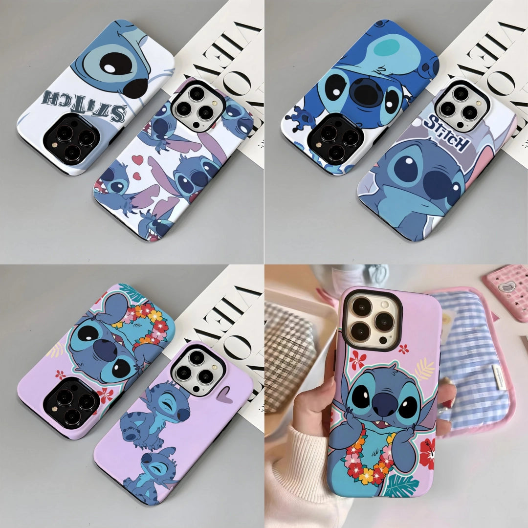 Ameigas Stitch iPhone Case for iPhone 17 / 16 — Korean Double-Layer Hard Film Case, Cute Cartoon Protective Cover, Shockproof & Anti-Scratch