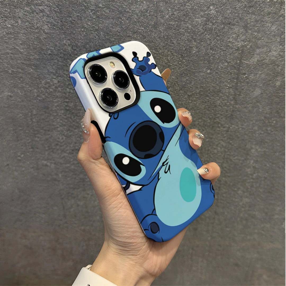Ameigas Stitch iPhone Case for iPhone 17 / 16 — Korean Double-Layer Hard Film Case, Cute Cartoon Protective Cover, Shockproof & Anti-Scratch