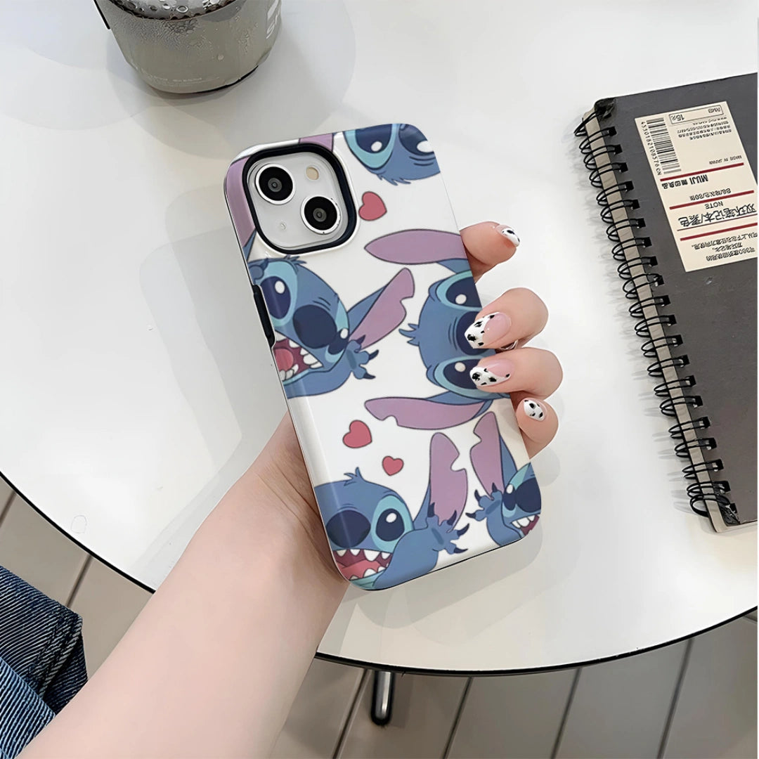 Ameigas Stitch iPhone Case for iPhone 17 / 16 — Korean Double-Layer Hard Film Case, Cute Cartoon Protective Cover, Shockproof & Anti-Scratch