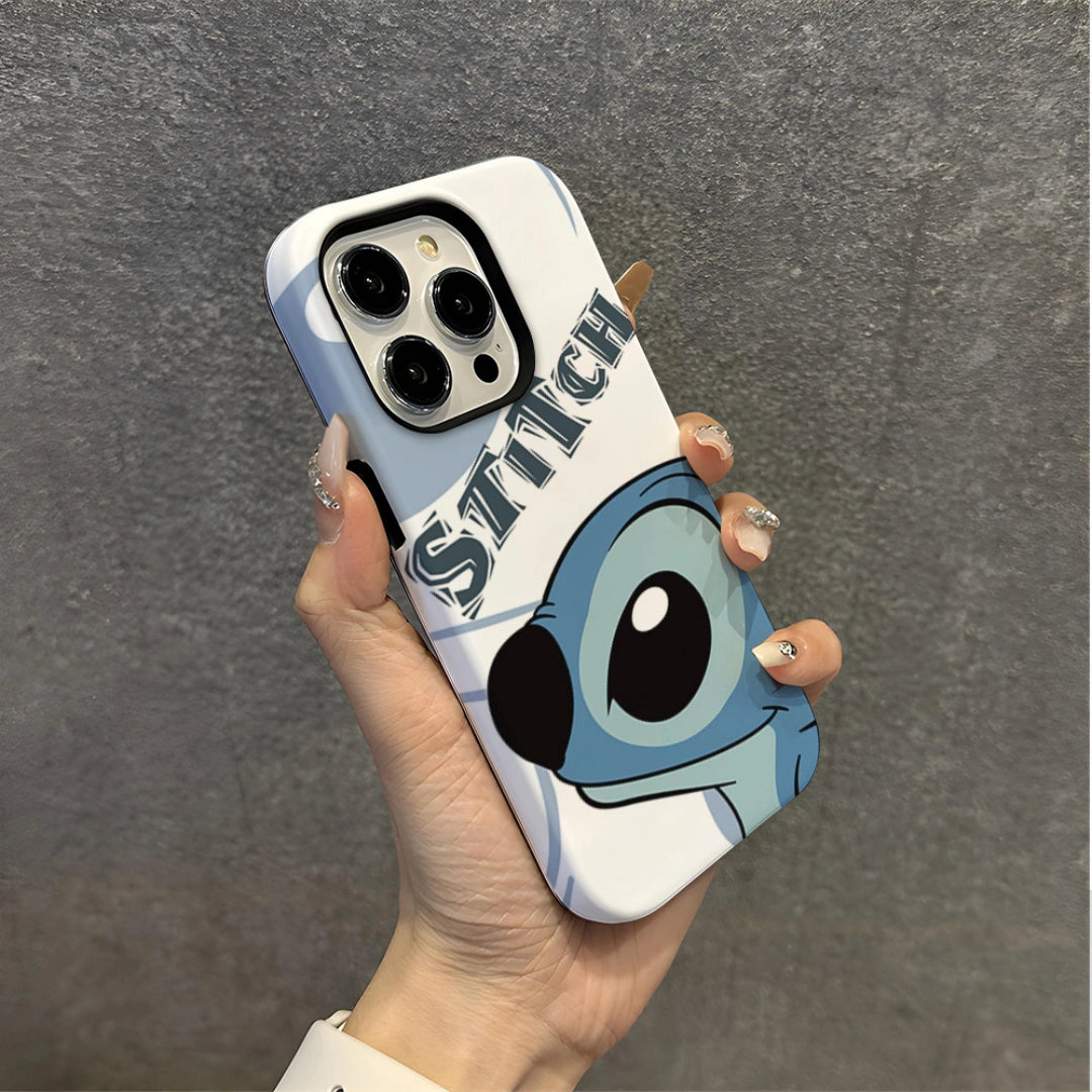 Ameigas Stitch iPhone Case for iPhone 17 / 16 — Korean Double-Layer Hard Film Case, Cute Cartoon Protective Cover, Shockproof & Anti-Scratch