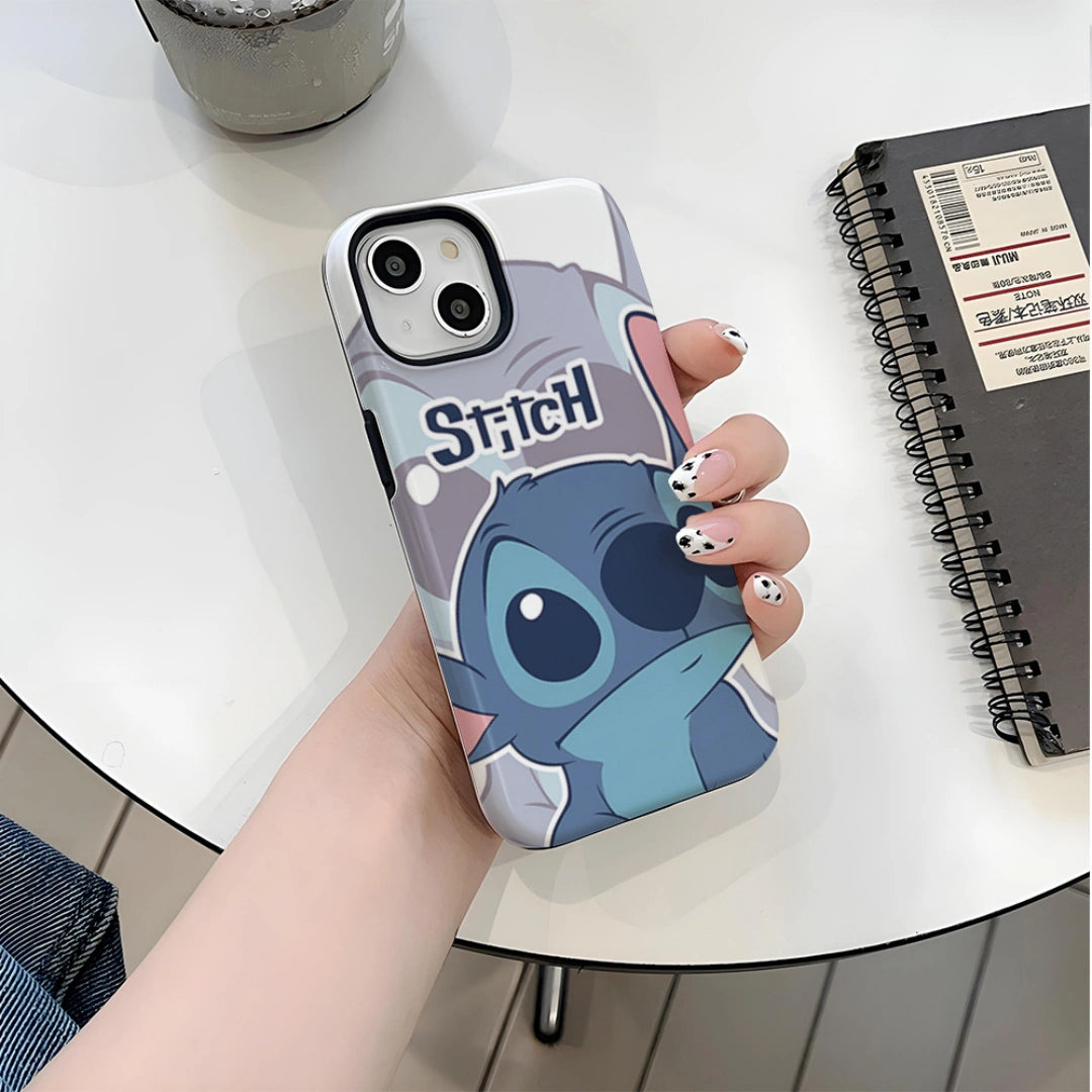 Ameigas Stitch iPhone Case for iPhone 17 / 16 — Korean Double-Layer Hard Film Case, Cute Cartoon Protective Cover, Shockproof & Anti-Scratch