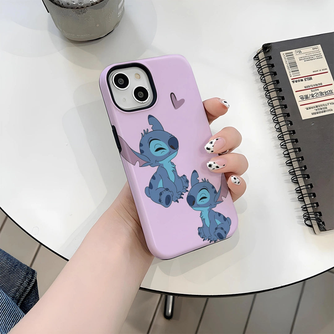 Ameigas Stitch iPhone Case for iPhone 17 / 16 — Korean Double-Layer Hard Film Case, Cute Cartoon Protective Cover, Shockproof & Anti-Scratch