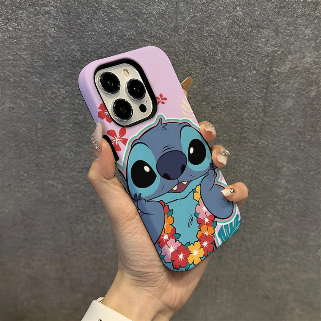 Ameigas Stitch iPhone Case for iPhone 17 / 16 — Korean Double-Layer Hard Film Case, Cute Cartoon Protective Cover, Shockproof & Anti-Scratch