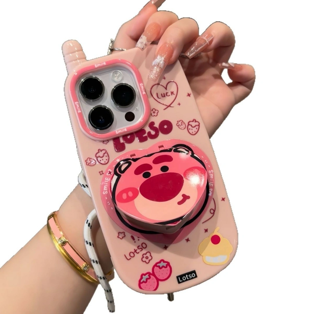 Ameigas Trendy Flip Mirror iPhone  Pro Case – Cute Cartoon Kickstand Protective Shell for iPhone