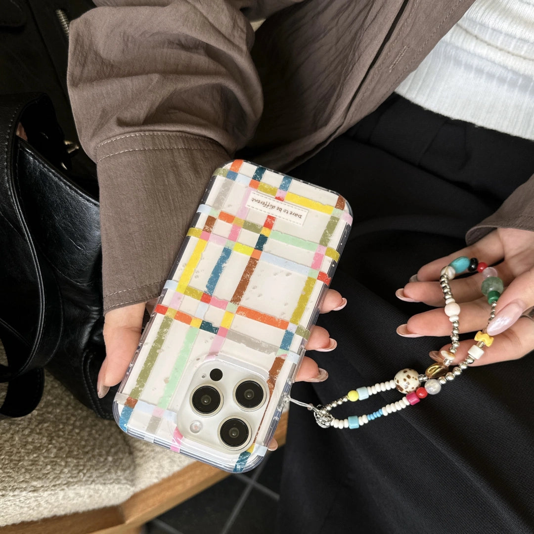 Ameigas Trendy Plaid iPhone Case with Detachable Chain – Eco IMD, Double-Layer Shockproof Hard Shell for iPhone 17 Pro Series