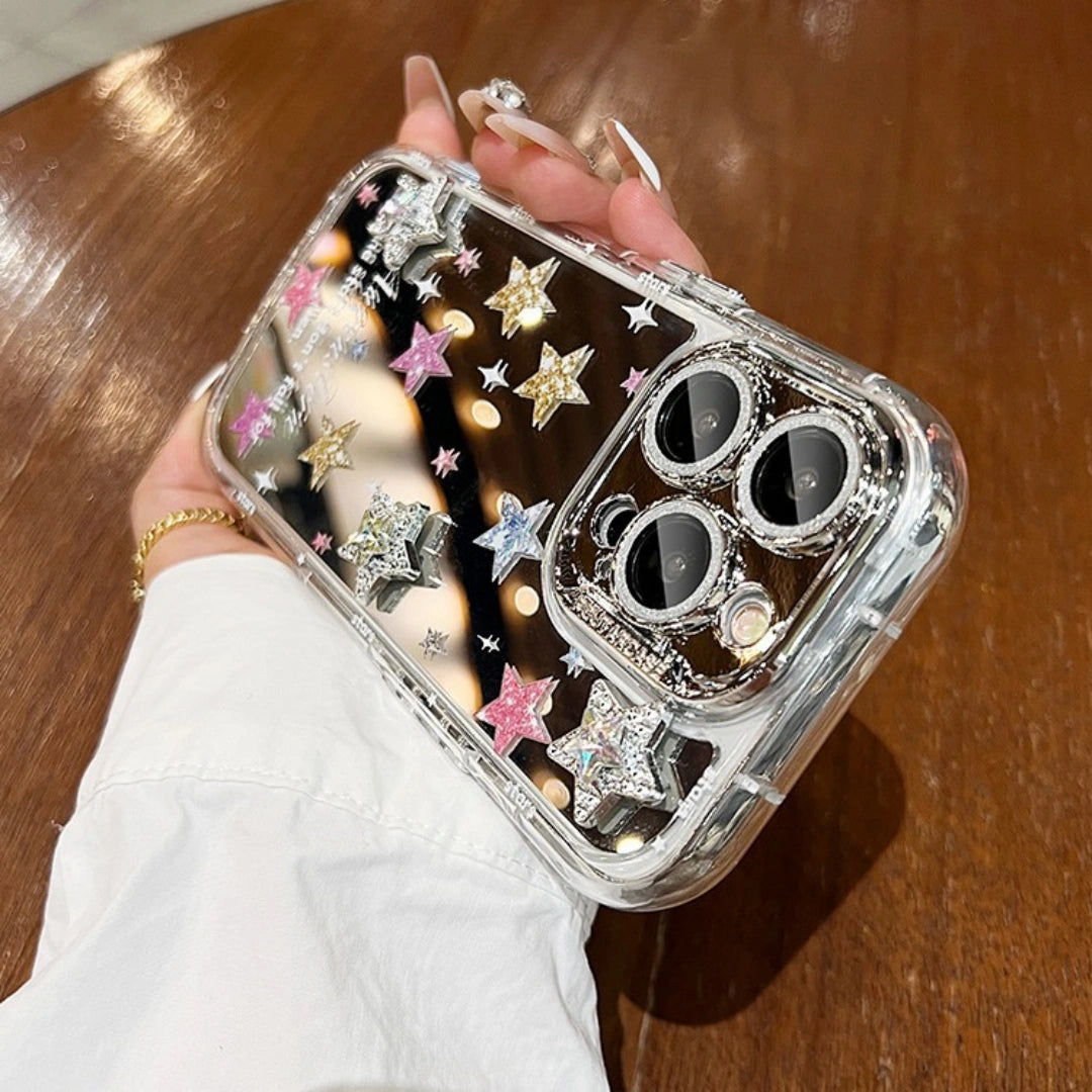 Ameigas Y2K Style Mirror iPhone Case – 3D Star Glitter Hard Cover, Full Protection for iPhone