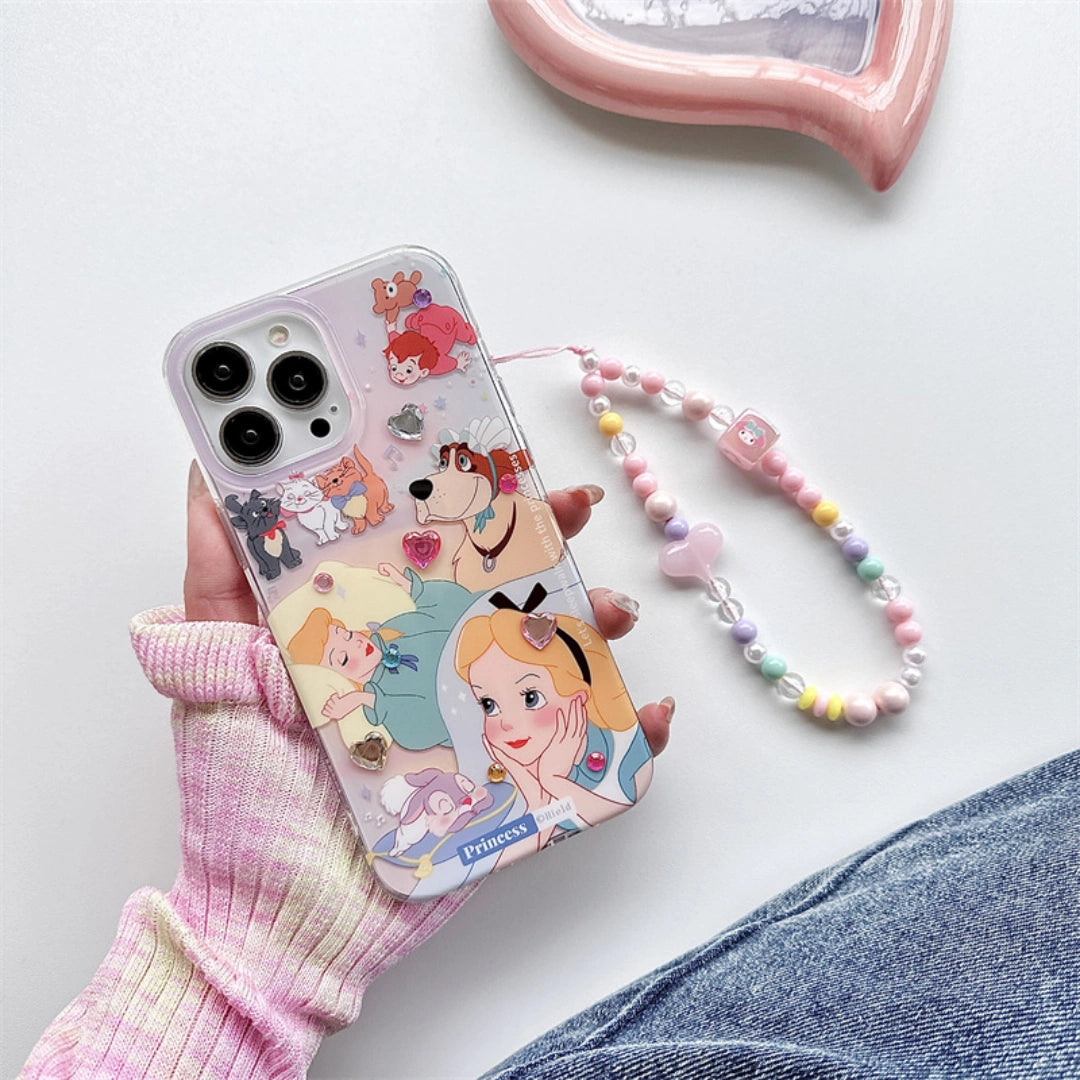 Ameigas Alice Princess Silicone iPhone Case – Shockproof Cover with Optional Crystal Stickers & Beaded Chain