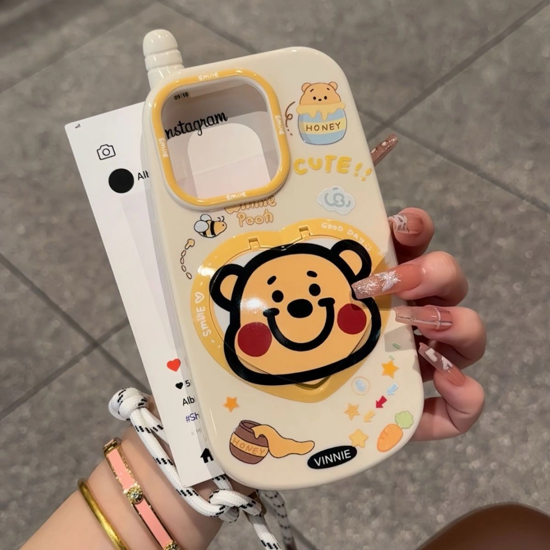 Ameigas Trendy Flip Mirror iPhone  Pro Case – Cute Cartoon Kickstand Protective Shell for iPhone