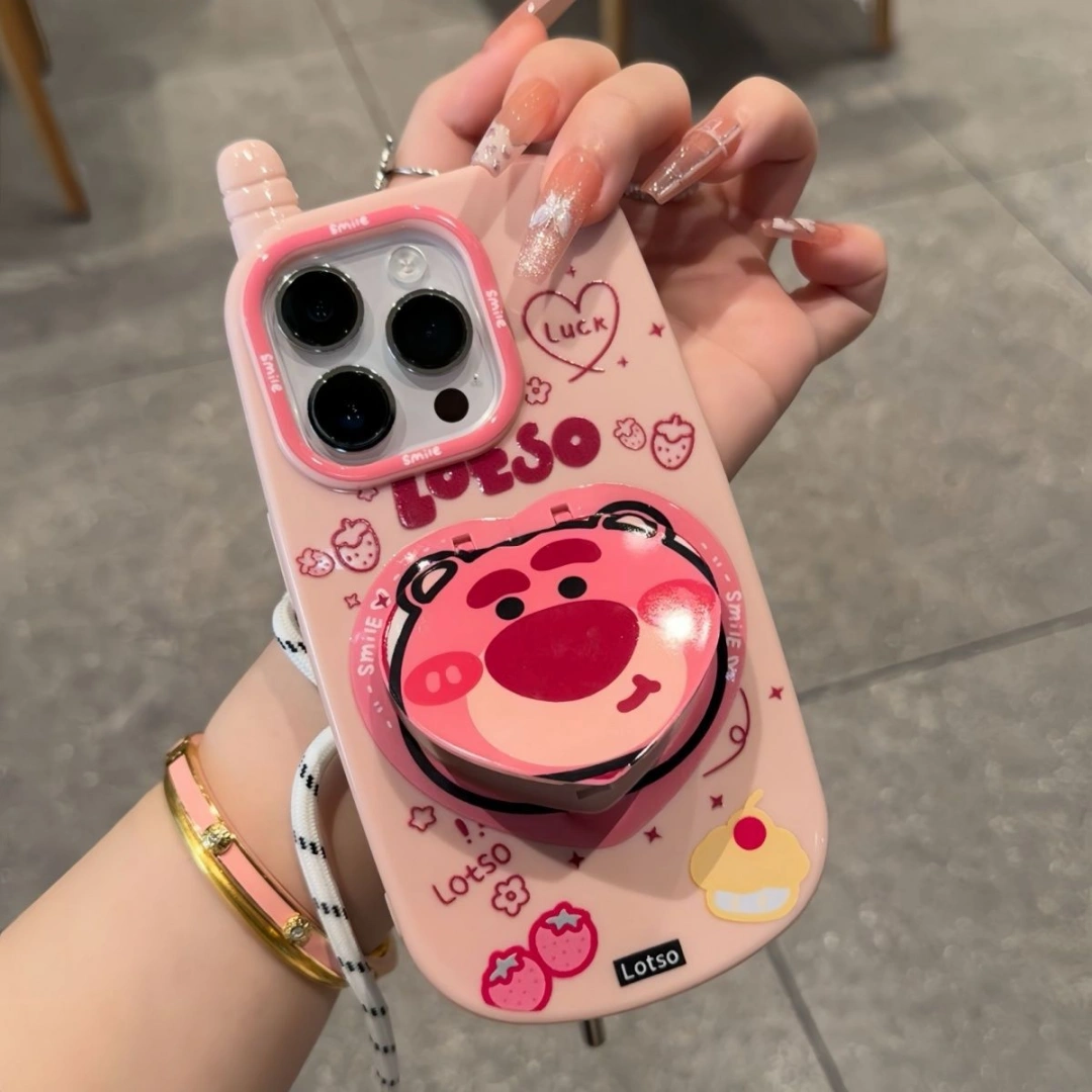 Ameigas Trendy Flip Mirror iPhone  Pro Case – Cute Cartoon Kickstand Protective Shell for iPhone