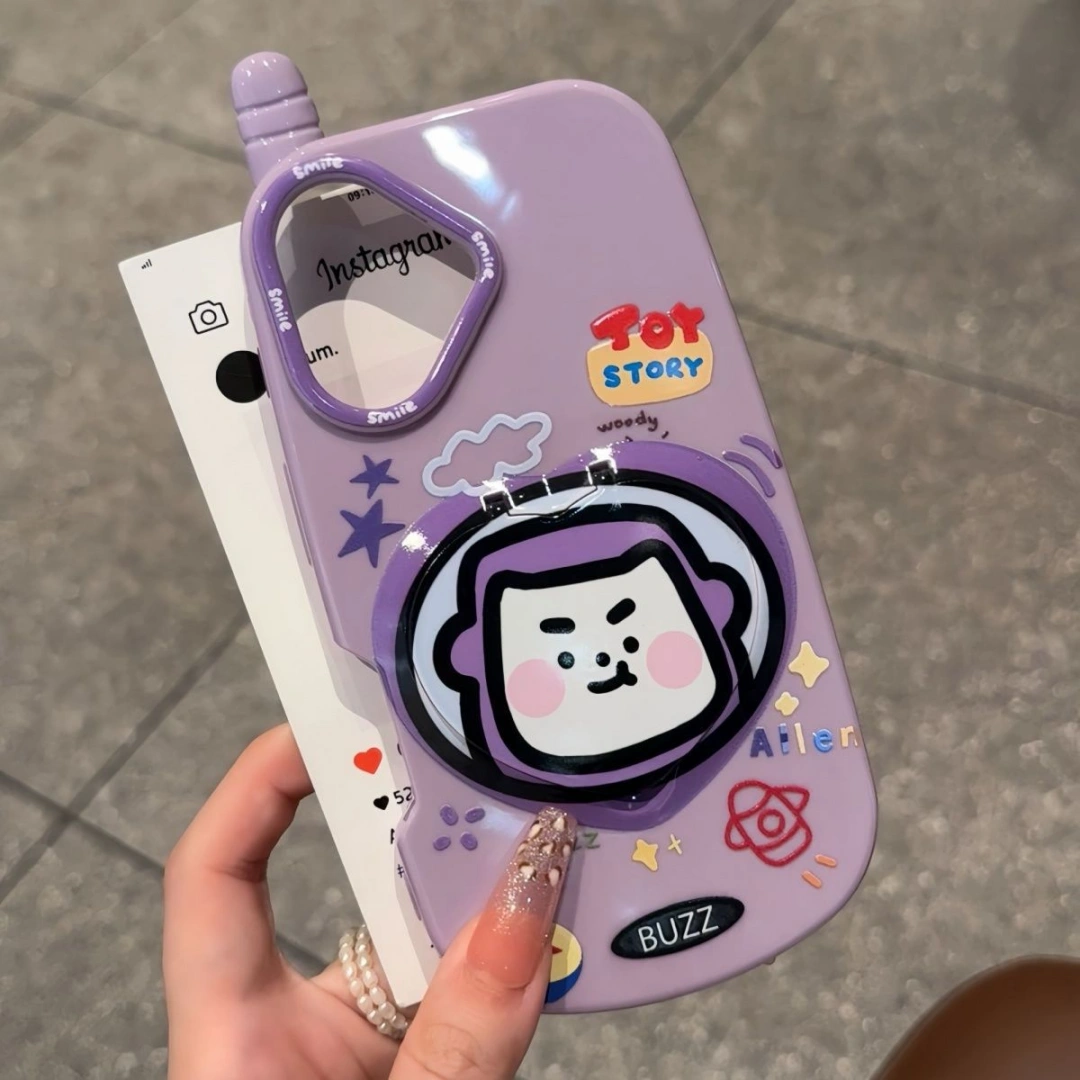 Ameigas Trendy Flip Mirror iPhone  Pro Case – Cute Cartoon Kickstand Protective Shell for iPhone