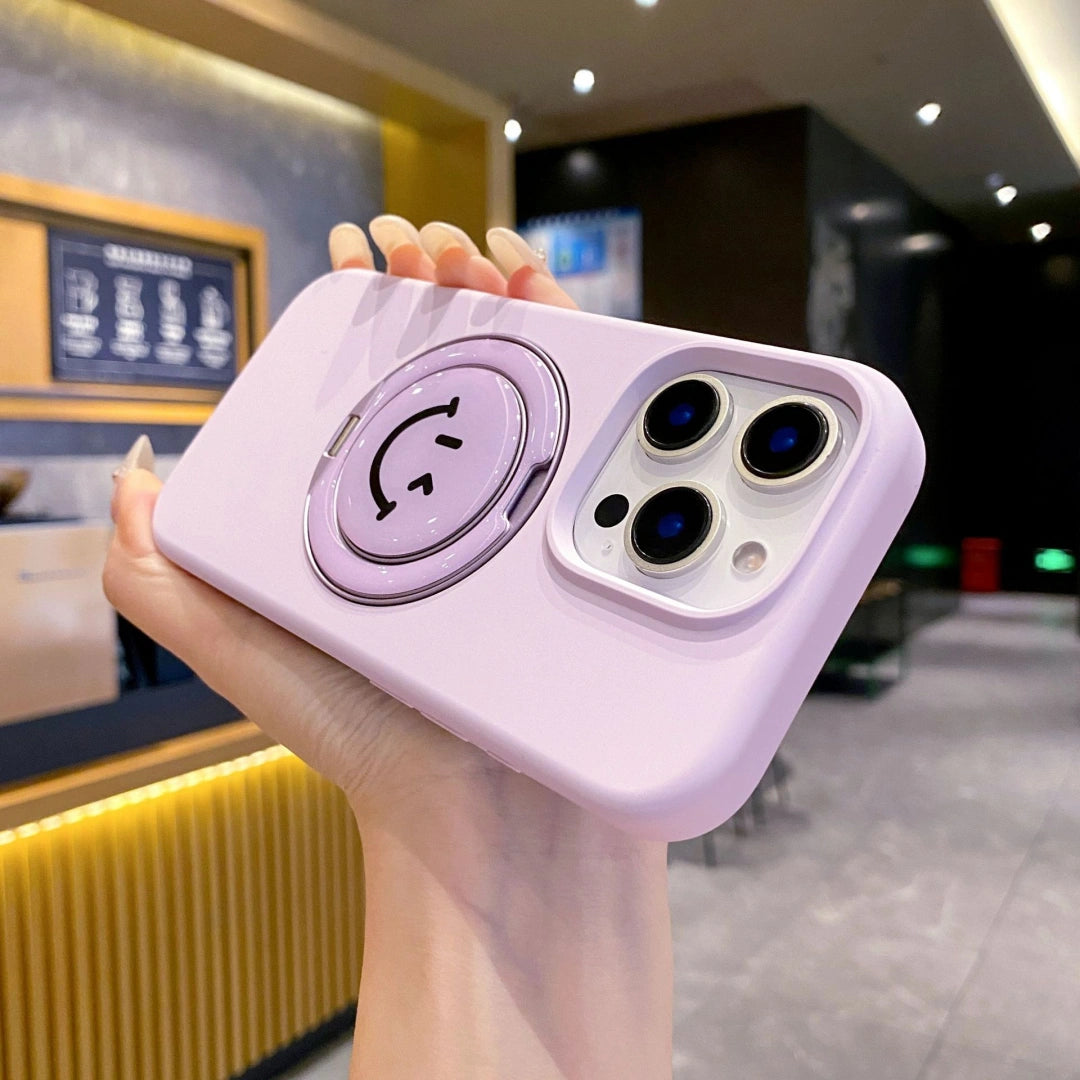 Ameigas Minimalist Smiley Liquid Silicone iPhone Case – Elegant Solid Color with Foldable Stand and Shockproof Protection