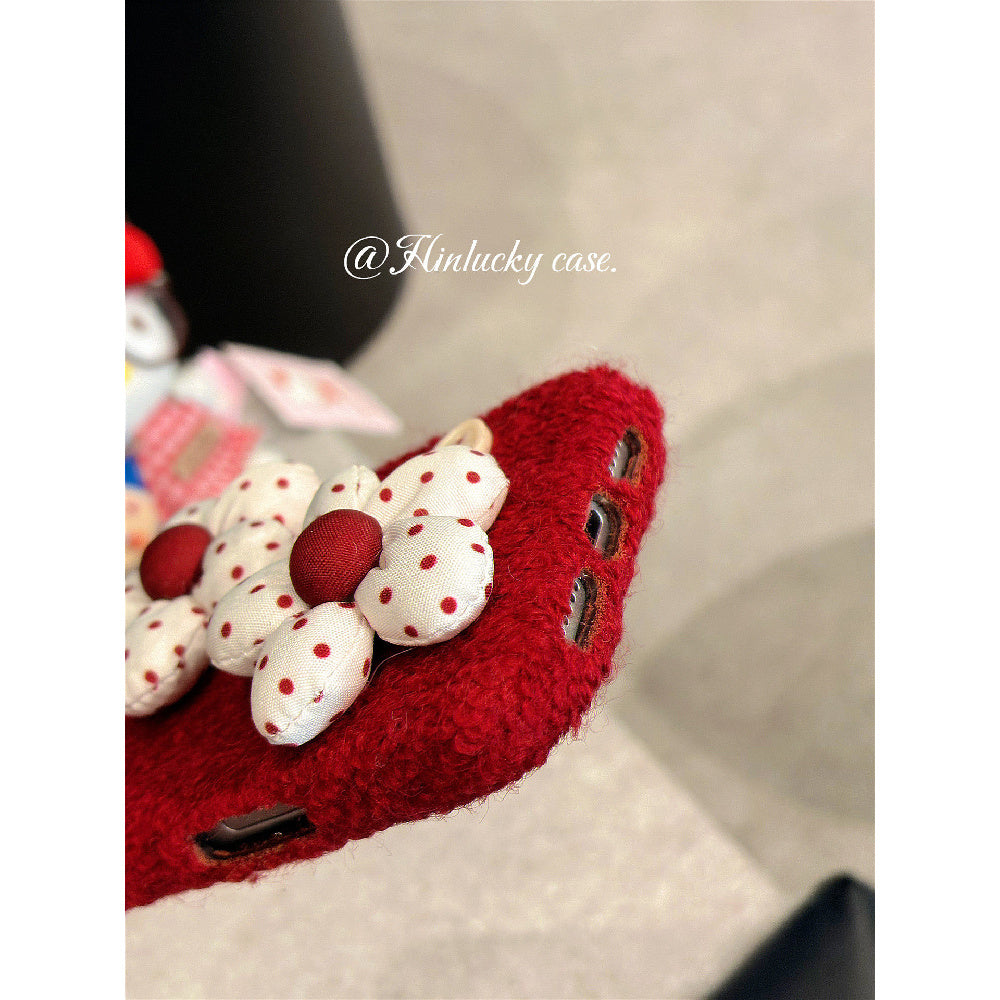 Ameigas Vintage Burgundy 3D Polka Flower Velvet Phone Case