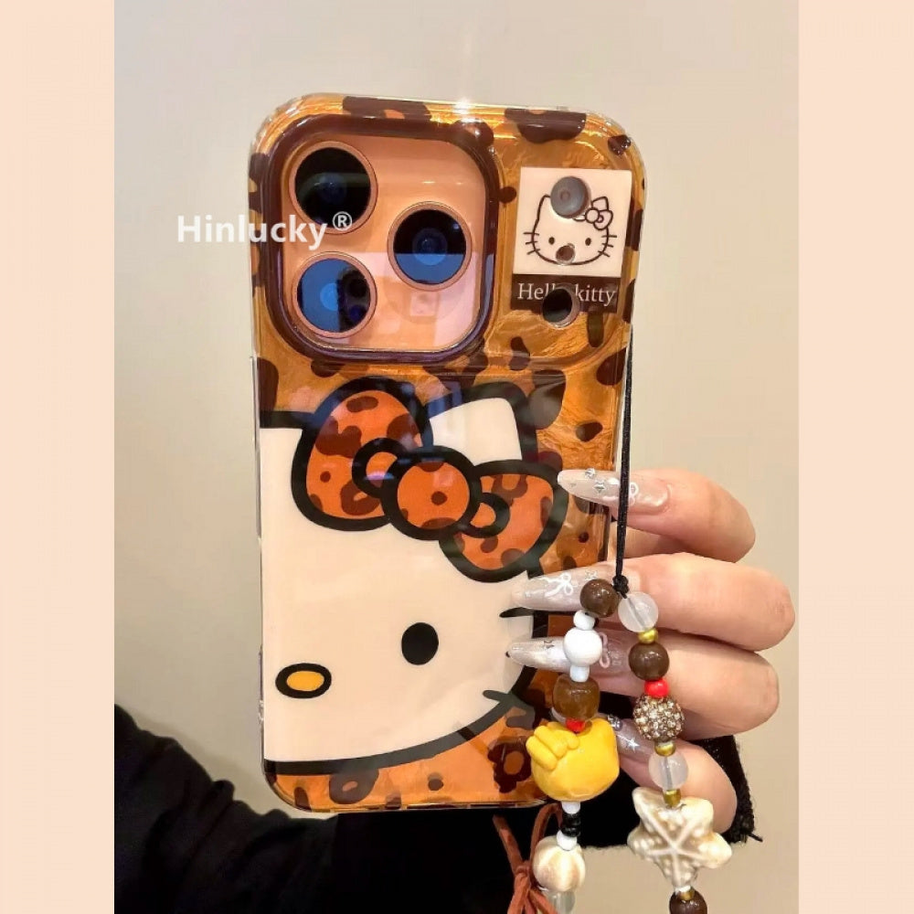 Ameigas Maillard Bow-Kitty Case - Leopard Print Cat with Detachable Chain & Foil Guard