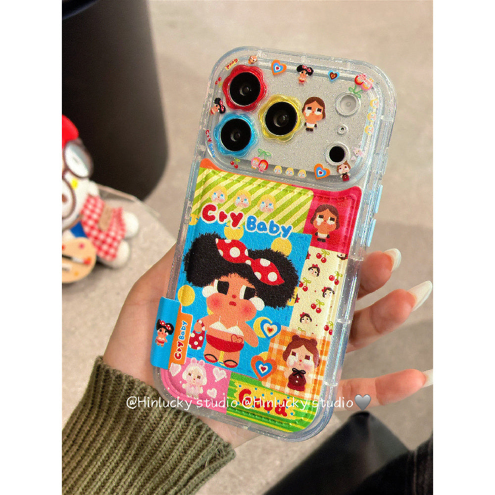 Ameigas Tearful Puff-Pop Case - Cartoon Crying Baby with Floral Leather Camera Accent