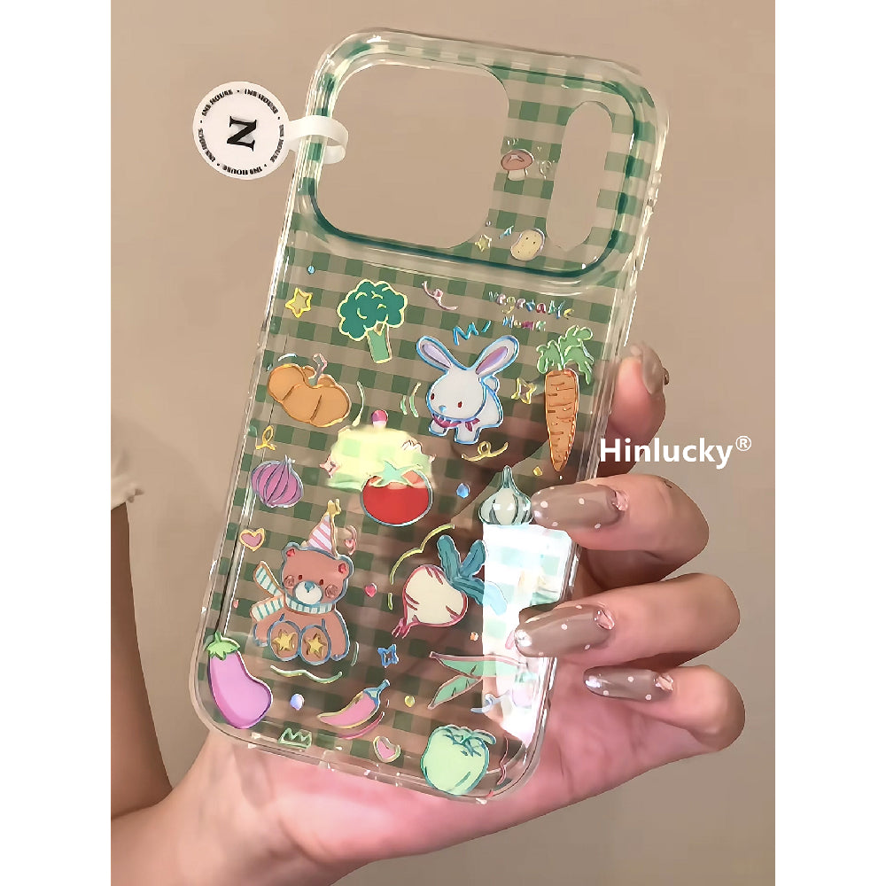 Ameigas Garden Patch Case - Green Gingham Bear, Bunny & Veggies with Gilt Accents