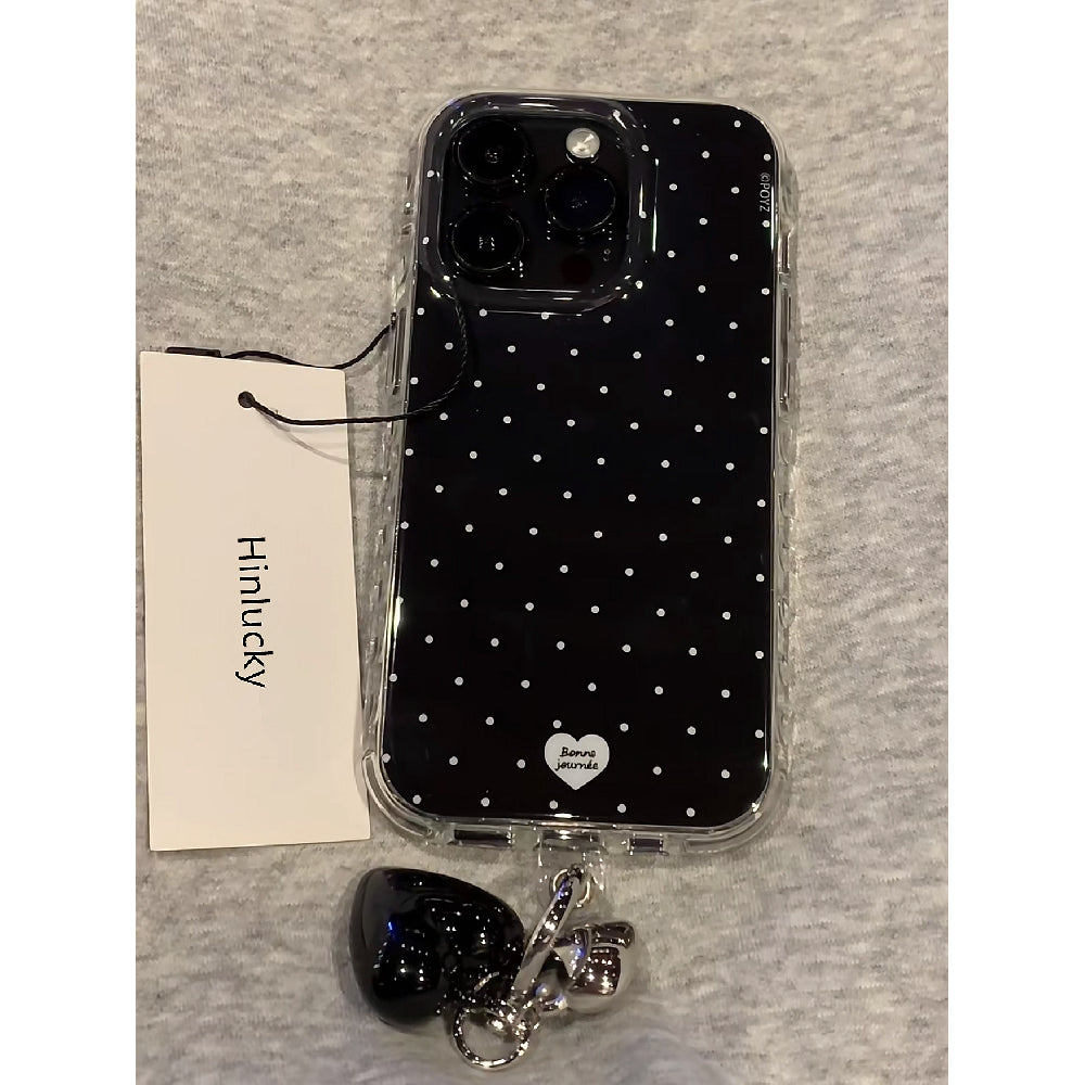 Ameigas Polka Heart Pendant Case - Black White Dot Detachable Charm MagSafe Cover
