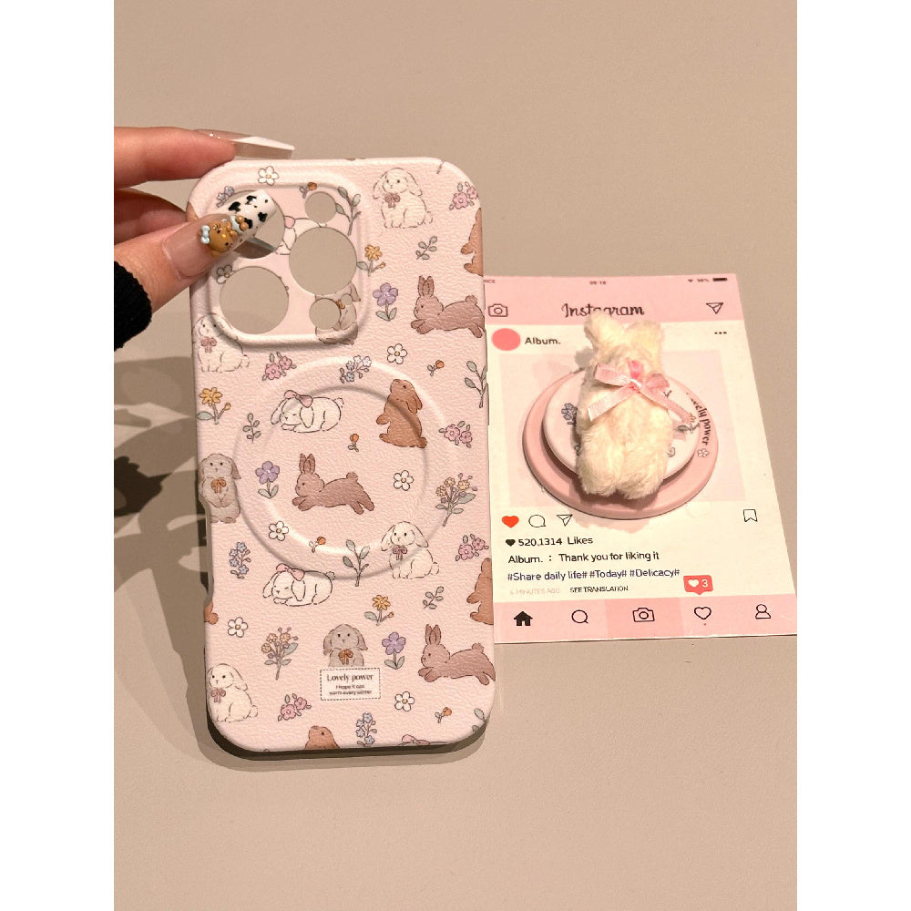Ameigas Spring Floral Bunny Case - Pink Blossom & Rabbit Print with Full-Body Magnetic Protection