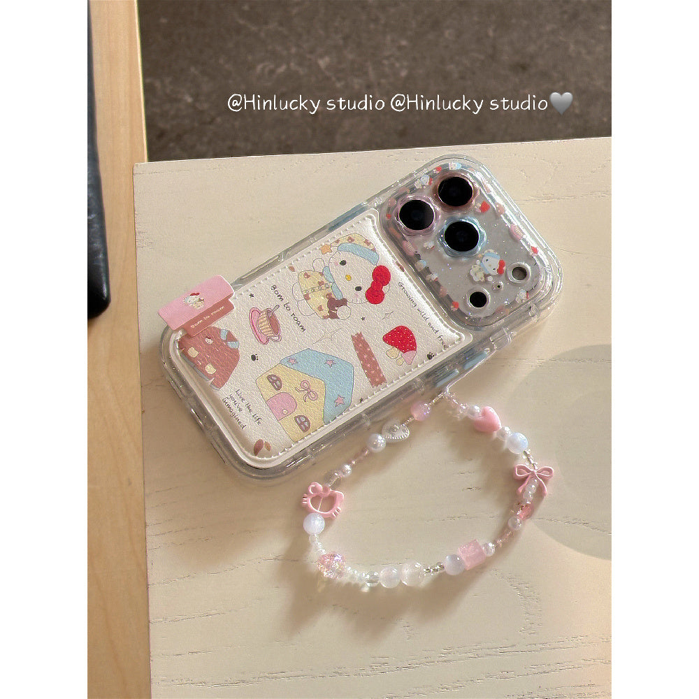 Ameigas Doodle Cafe Case - Cartoon House & Cat Leather Cover with Chain