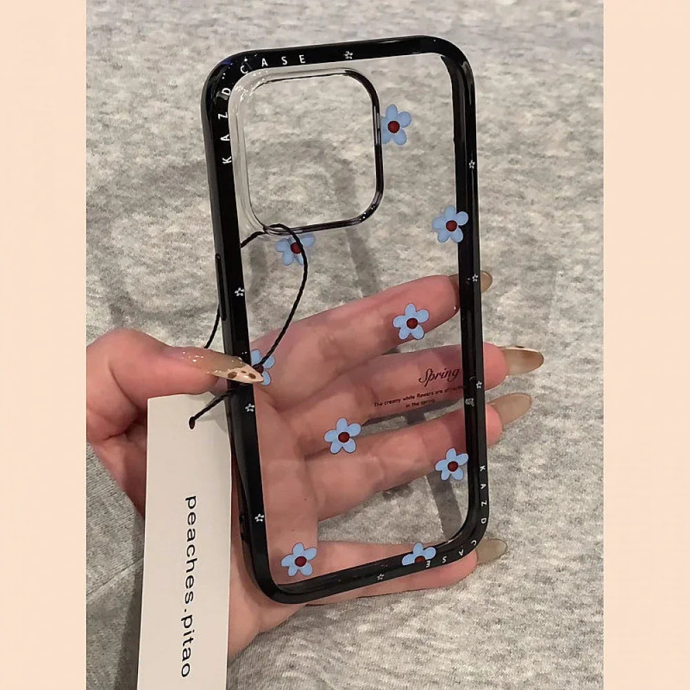 Ameigas Bloom Mirror Case - Spinning Blue Flowers & Magnetic Stand Acrylic Cover - Ameigas