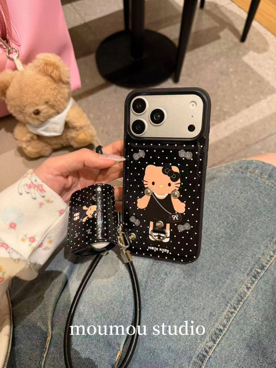 Ameigas Leather AirPods Cat Case - 2-in-1 Phone & Wireless Earbuds Holder with Strap