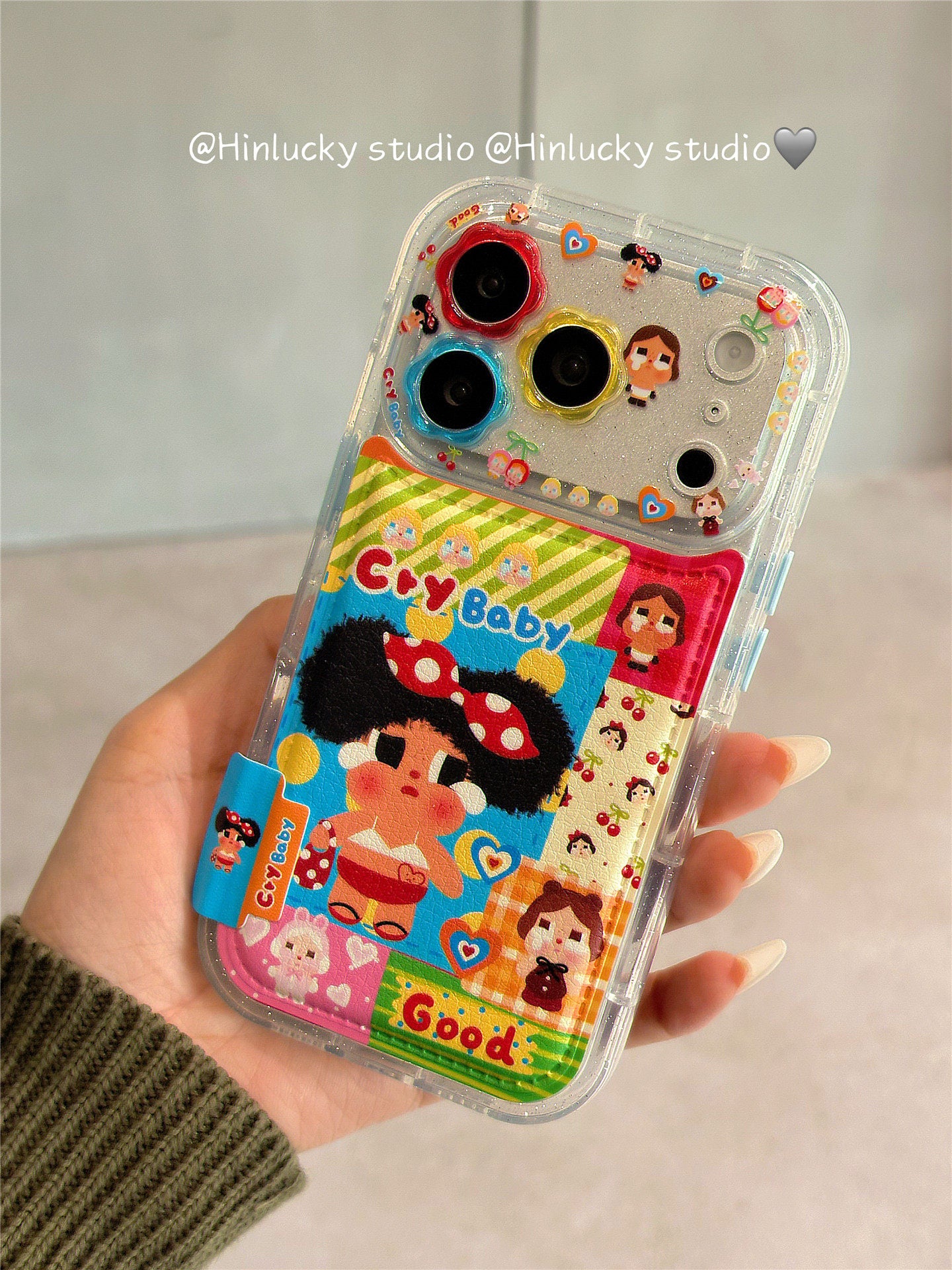 Ameigas Tearful Puff-Pop Case - Cartoon Crying Baby with Floral Leather Camera Accent