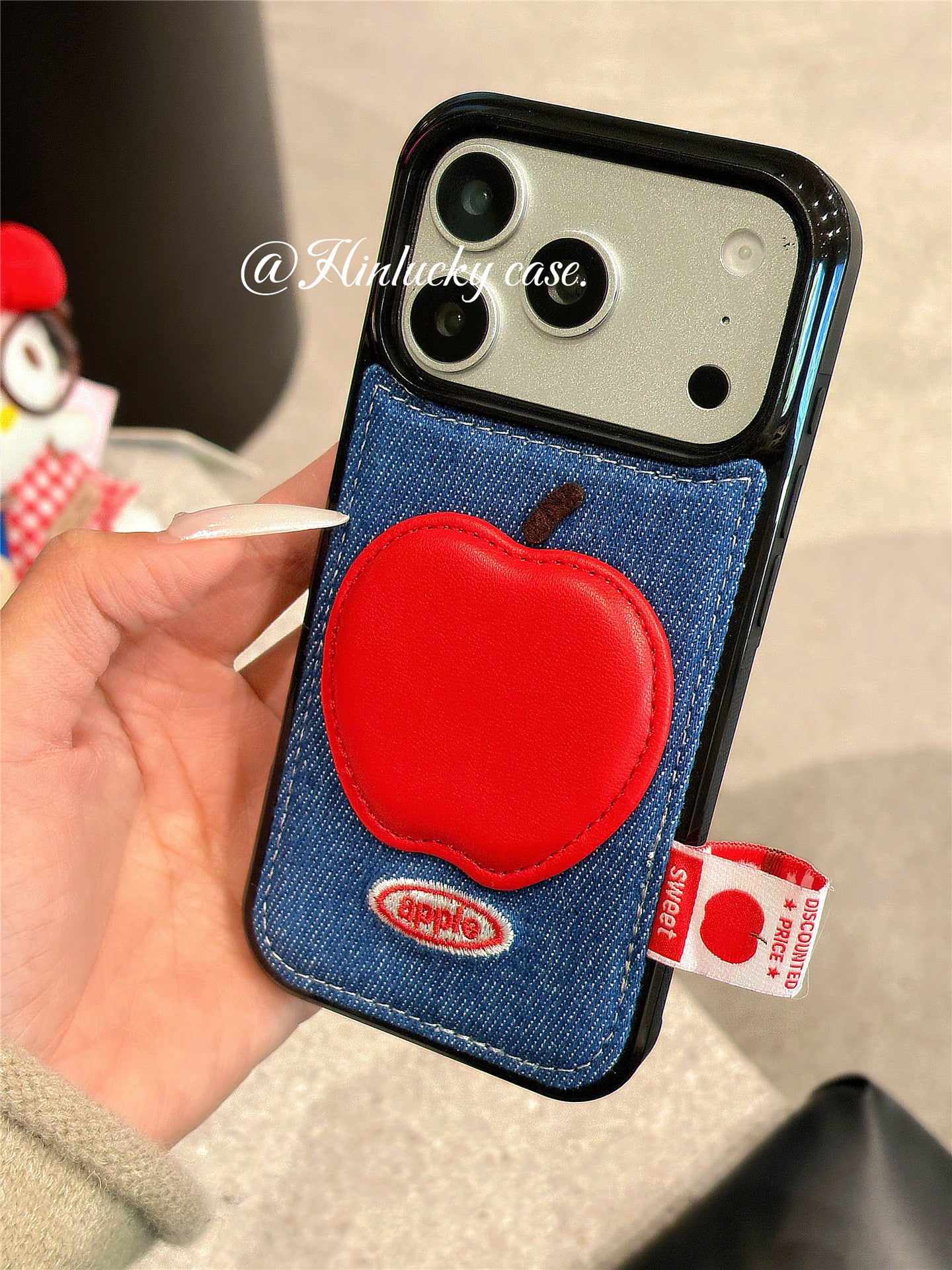 Ameigas Denim Harvest Case - 3D Red Apple Charm on Corduroy Full-Body Cover for iPhone
