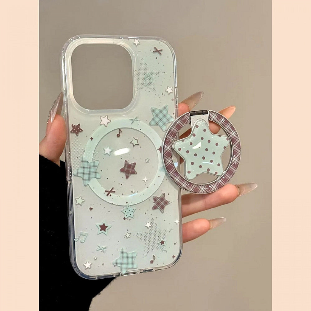 Ameigas Mint Check Star Stand Case - Korean Instagram Style DualGuard MagSafe Cover