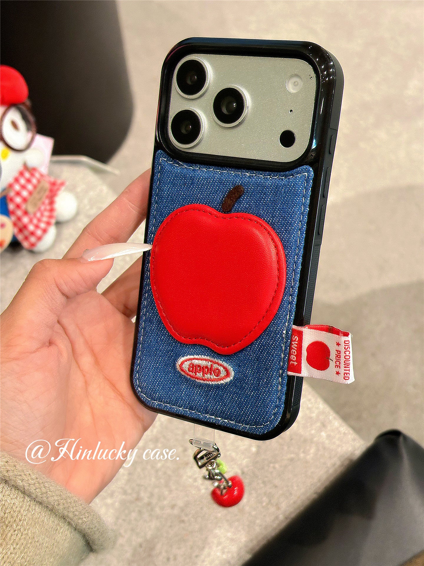 Ameigas Denim Harvest Case - 3D Red Apple Charm on Corduroy Full-Body Cover for iPhone