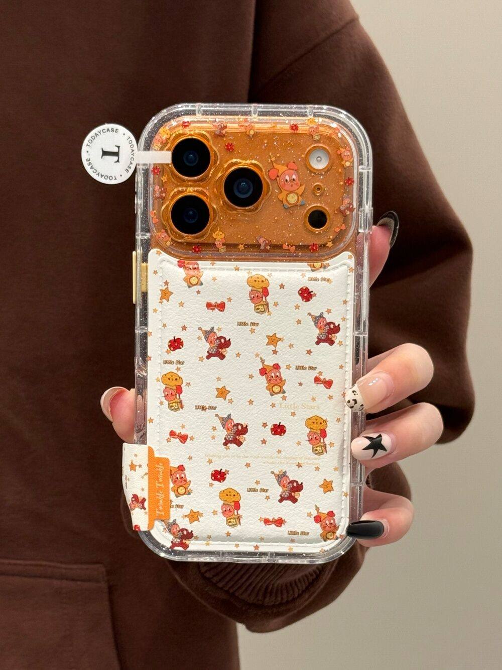 Ameigas Floral Starry Case - Glitter Flower, Leather Texture & Star Character Design with Built-in Stand