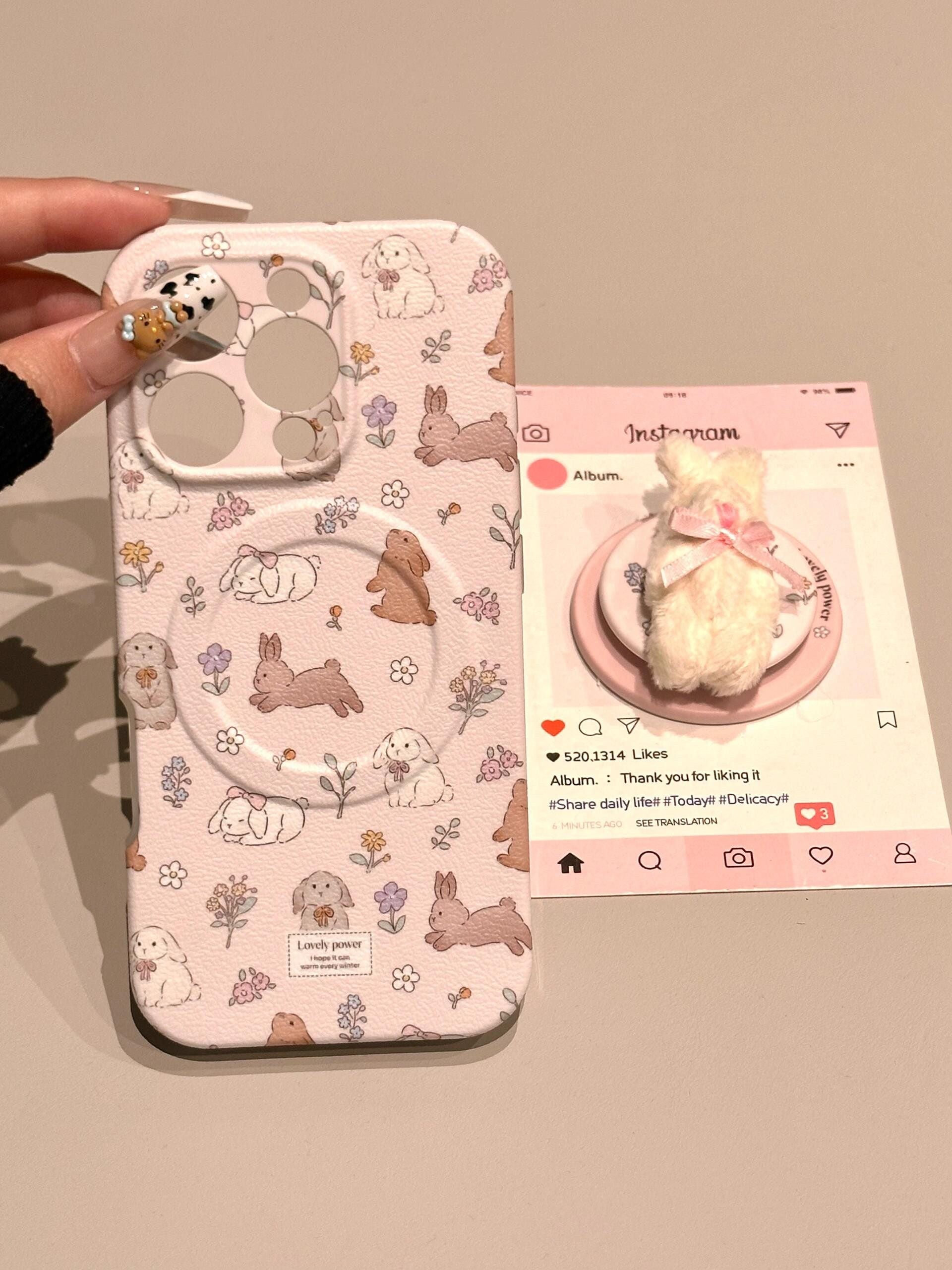 Ameigas Spring Floral Bunny Case - Pink Blossom & Rabbit Print with Full-Body Magnetic Protection