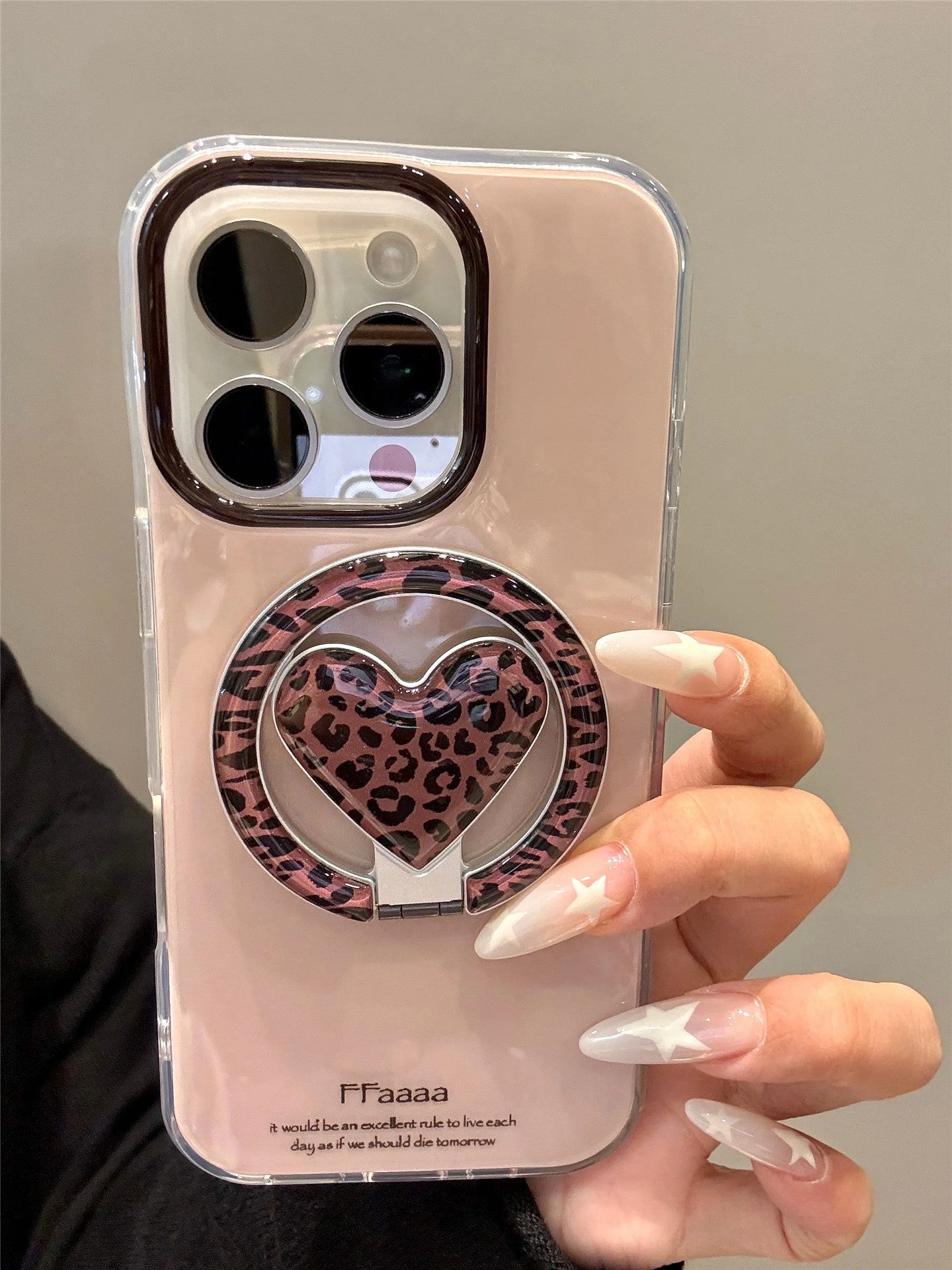 Ameigas Iced Mocha Leopard Case - Heart Print Folding MagSafe Stand & Dual Guard Cover